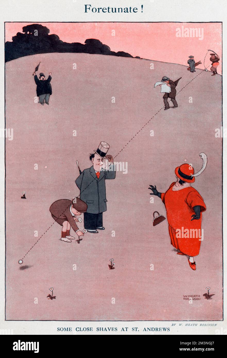 Some close shaves at St. Andrews.  A golfer strikes a ball which, through incredible good luck, manages to miss everyone standing in its path.      Please note: Credit must appear as  Courtesy of the Estate of Mrs J.C.Robinson/Pollinger Ltd/ILN/Mary Evans     Date: 1925 Stock Photo