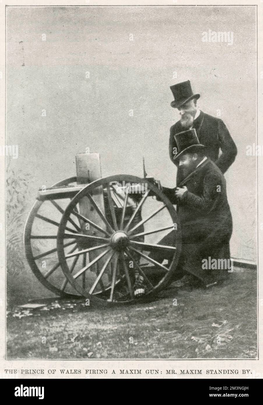 The Prince of Wales firing a Maxim machine gun, with Sir Hiram Stevens