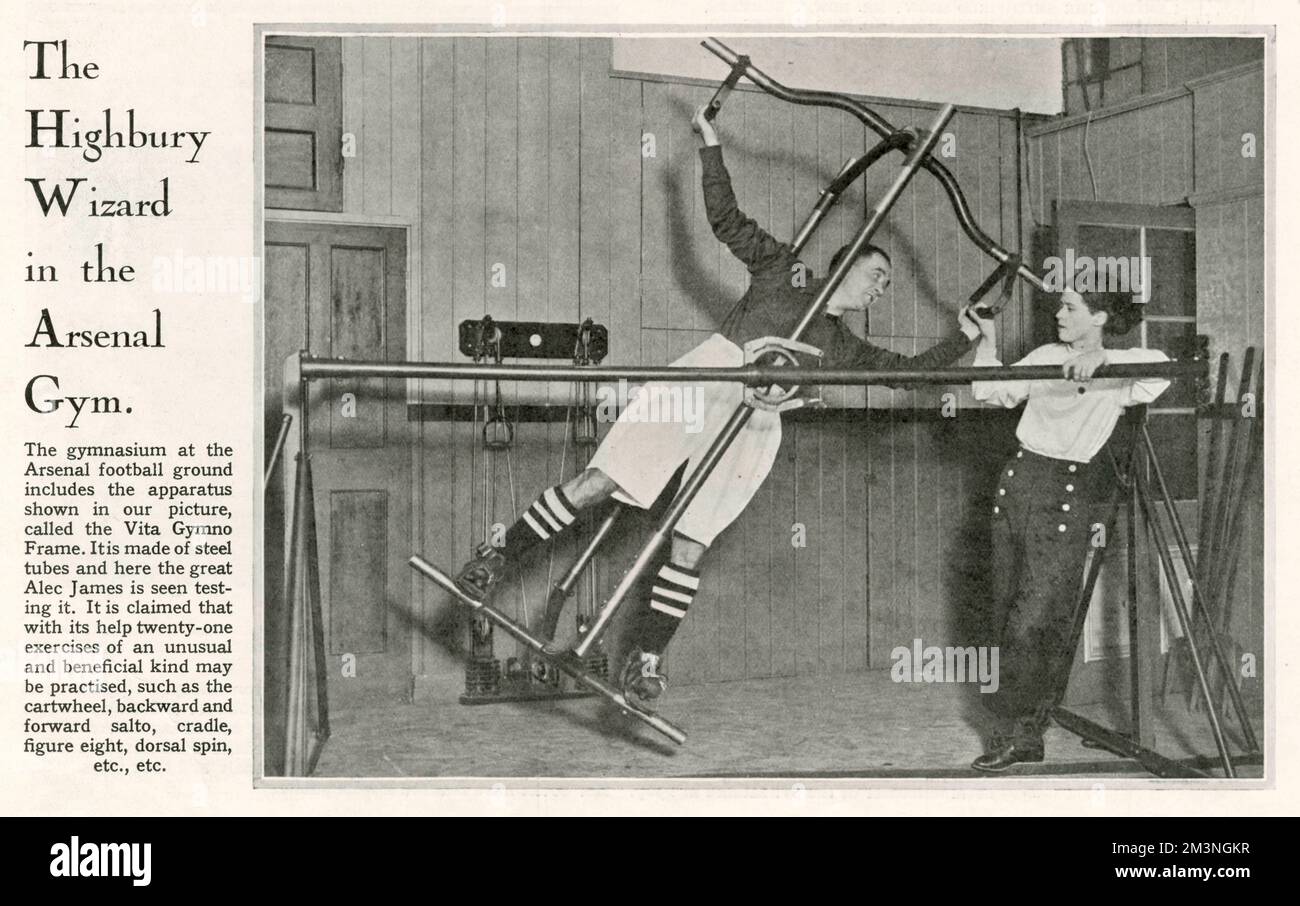Arsenal player Alec James tries out the Vita Gymno Frame in the Gym at Arsenal's Highbury Football Ground.     Date: 1932 Stock Photo