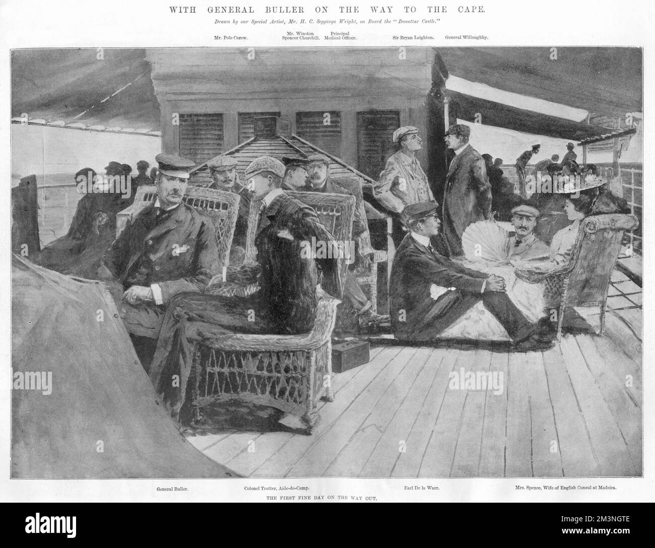 A scene on board the Donottar Castle, the ship transporting General Sir Redvers Buller to the Cape during the Transvaal (Boer) War.  Buller is pictured seated far left, speaking to his ADC, Colonel Trotter and behind them is Mr Pole Carew and Mr Winston Spencer Churchill.  Others include Sir Bryan Leighton, General Willoughby, Earl De la Warr and Mrs Spence, wife of the English consul at Madeira.    1899 Stock Photo