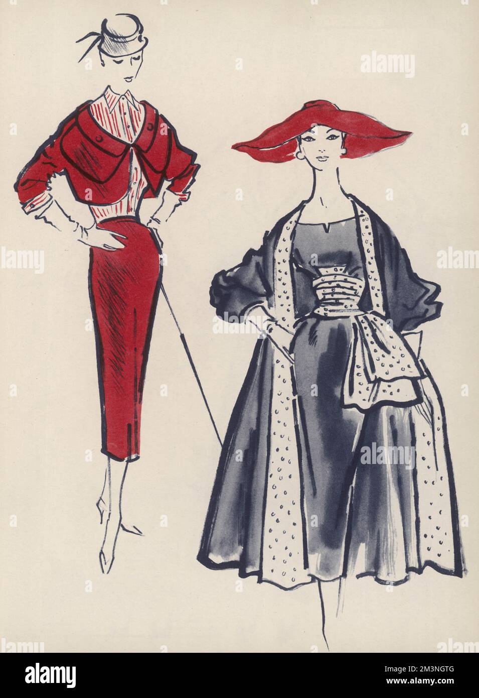 Two designer outfits for 1954.  On the left, a tan dress and bolero lined with coral.  On the right, a black Spanish style alpaca coat and dress from Digby Morton, the coat having a wide turn back, the dress a swaggering corselet of grey.     Date: 1954 Stock Photo