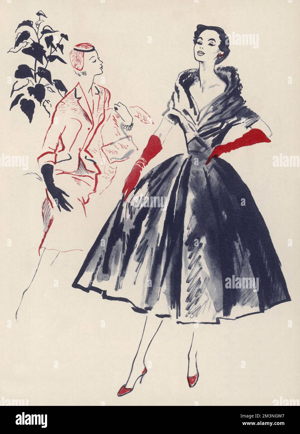 On the left, a caramel coloured restaurant suit in heavy silk shantung, its melting shoulder line, vertically seamed jacket, slanting pockets 'are all allies for your pleasant evening'.  On the right, a New Look dress by Christian Dior in black paper taffeta with an alluring bell skirt and the tiniest of spencer jackets curving into an enormous draped collar.     Date: 1954 Stock Photo