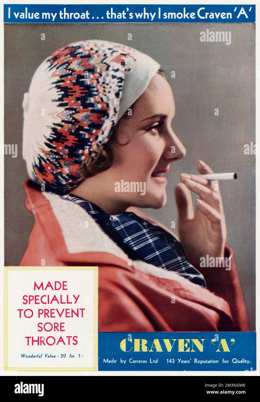 'I value my throat . . . that's why I smoke Craven A'.  Made specially to prevent sore throats.    1931 Stock Photo