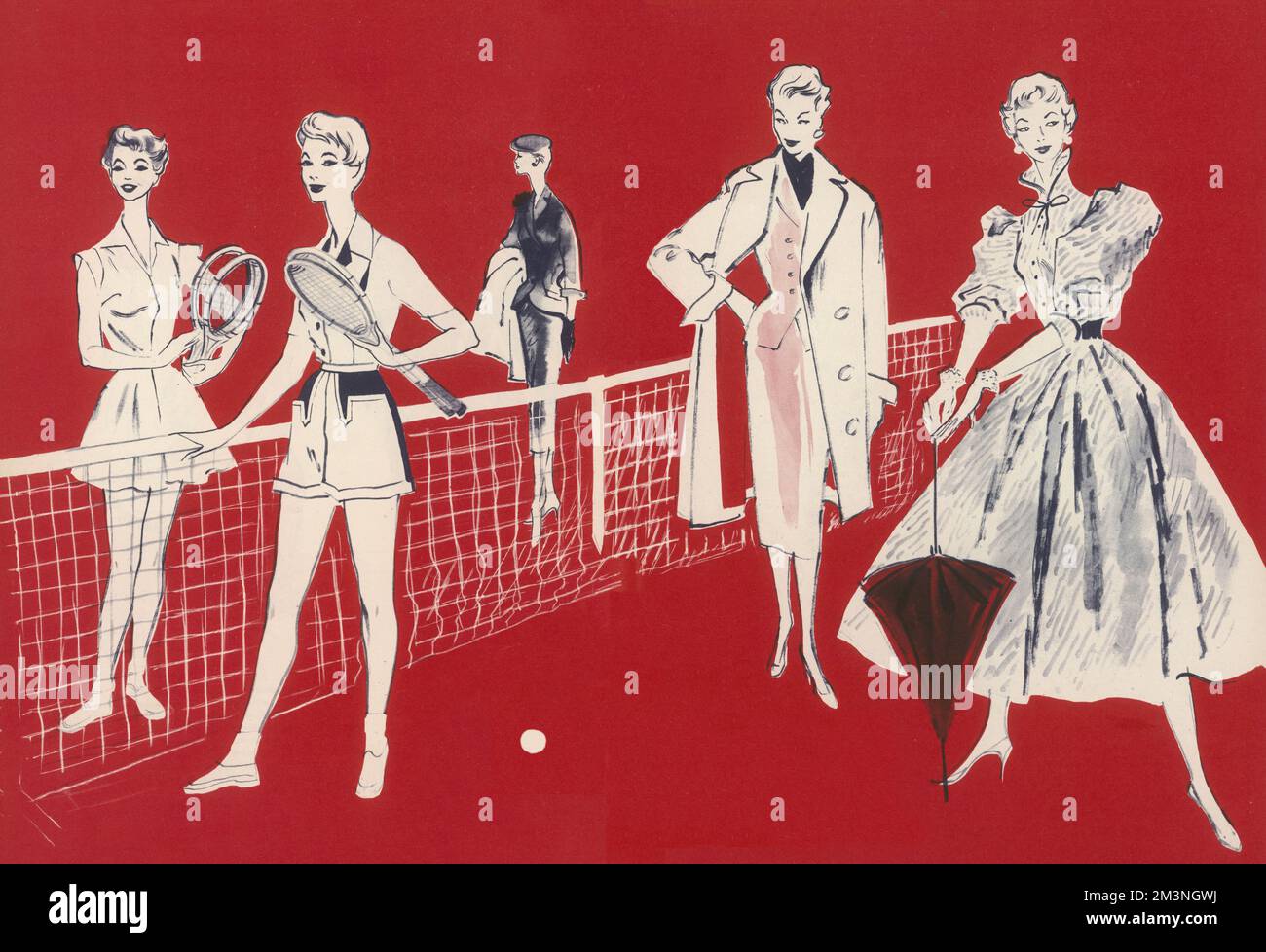 A variety of fashions for a 1950s summer.  From left, two tennis fashions by Louis London.  In the background, an impeccably tailored summer suit in chiffon weight wool and pure silk mixture with the jacket and skirt both lined.  Designed by Roter.  Next, a Balenciaga inspired tapered coat of whitewashed tweed lined with red silk, over a grey alpaca suit with pearl buttons, both by Ian Meredith.  Finally, a Chekhovian dress in moire cotton, with full skirt by Schubette.  1954 Stock Photo