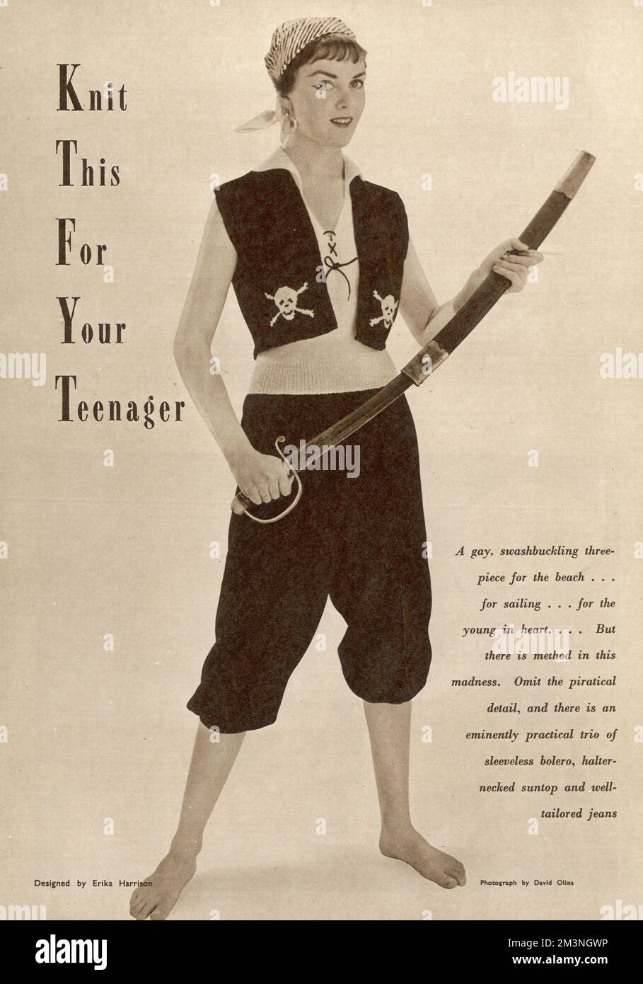 'A gay, swashbuckling three-piece' to knit for teenagers!  The 1950s were a more innocent time.     Date: 1954 Stock Photo