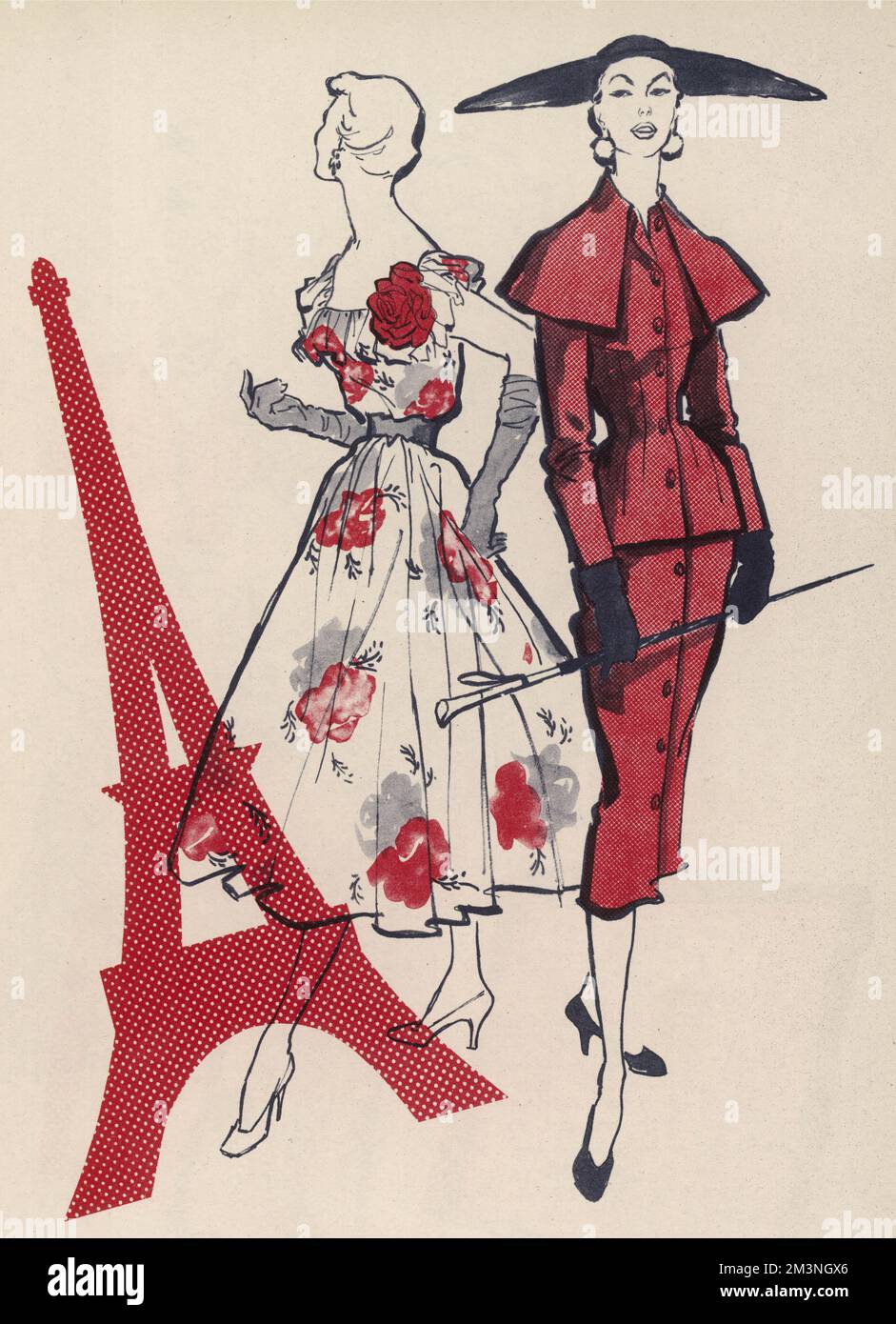 A dress in diaphanous floral chiffon with a 3D rose at the shoulder and a leather belt at the waist by Christian Dior.  On the right is the braced silhouette of a tweed suit by Fath with vertical button line and cape giving it extra panache.       Date: 1954 Stock Photo