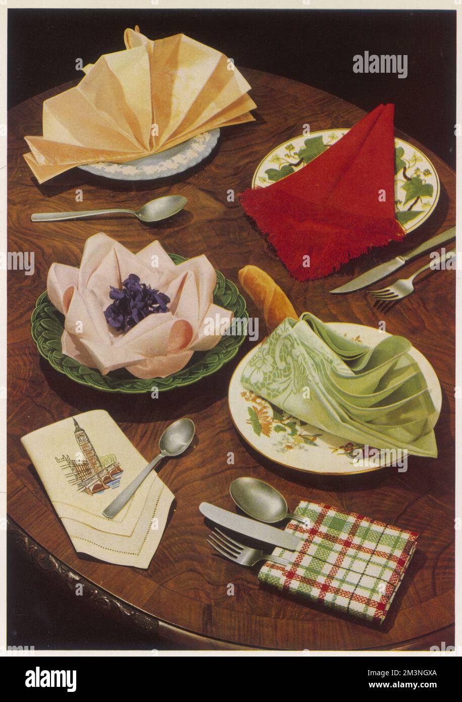 Six ways to fold napkins.  Top left, Victorian fan; right, Cornet; centre left, Water Lily; right, Swan; bottom left, Mitre; right, Pocket fold.     Date: 1954 Stock Photo