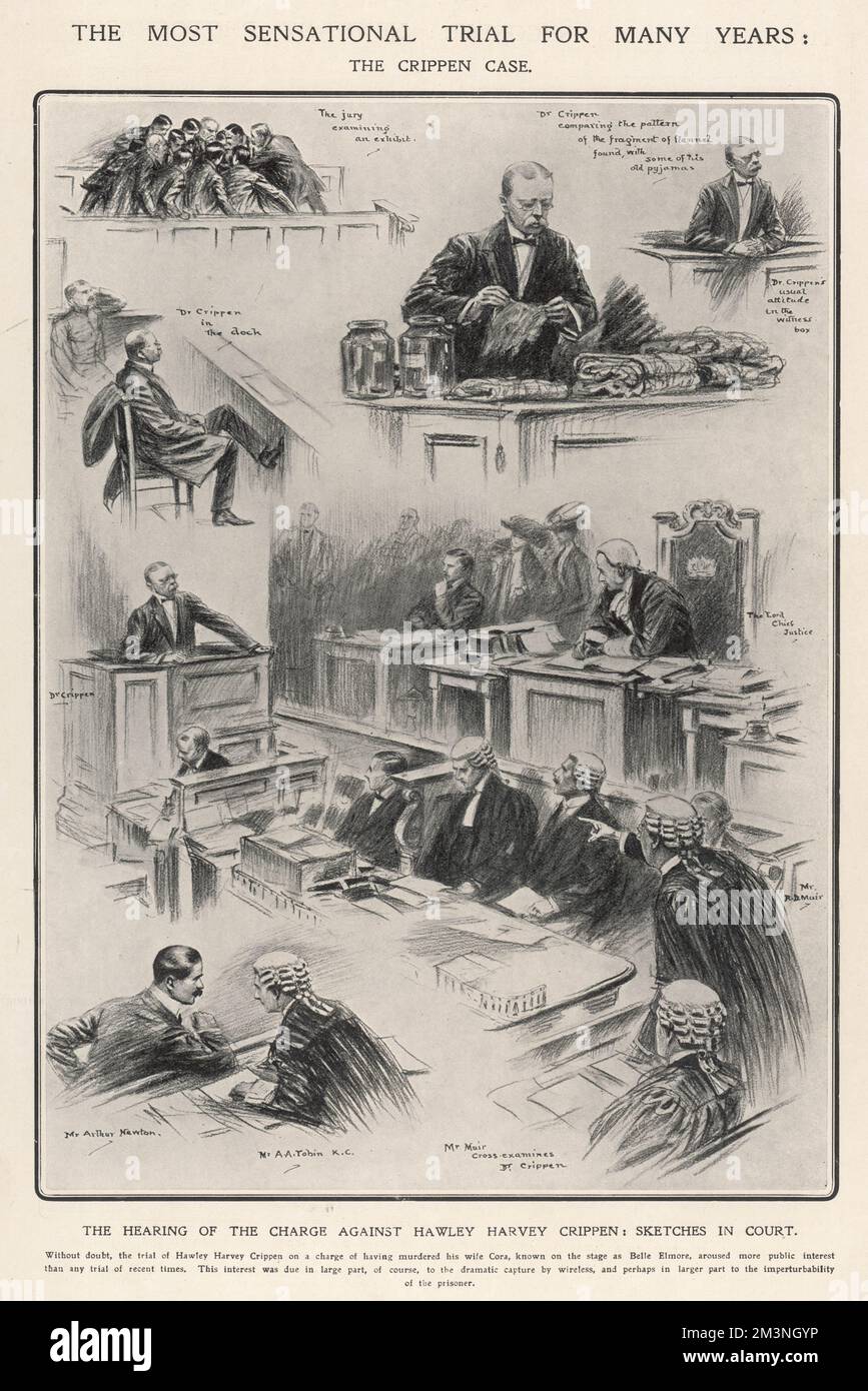 'The Most Sensational Trial for Many Years.' Sketches in court at the trial of Dr Hawley Harvey Crippen, accused of (and later hanged for) the murder of his wife Cora, known on the stage as Belle Elmore. The sketches include the jury examining an exhibit; Dr Crippen comparing the pattern of the fragment of flannel found with some of his old pyjamas; and Mr Muir cross-examining Crippen under the watchful eye of the Lord Chief Justice, Lord Alverstone.     Date: 1910 Stock Photo