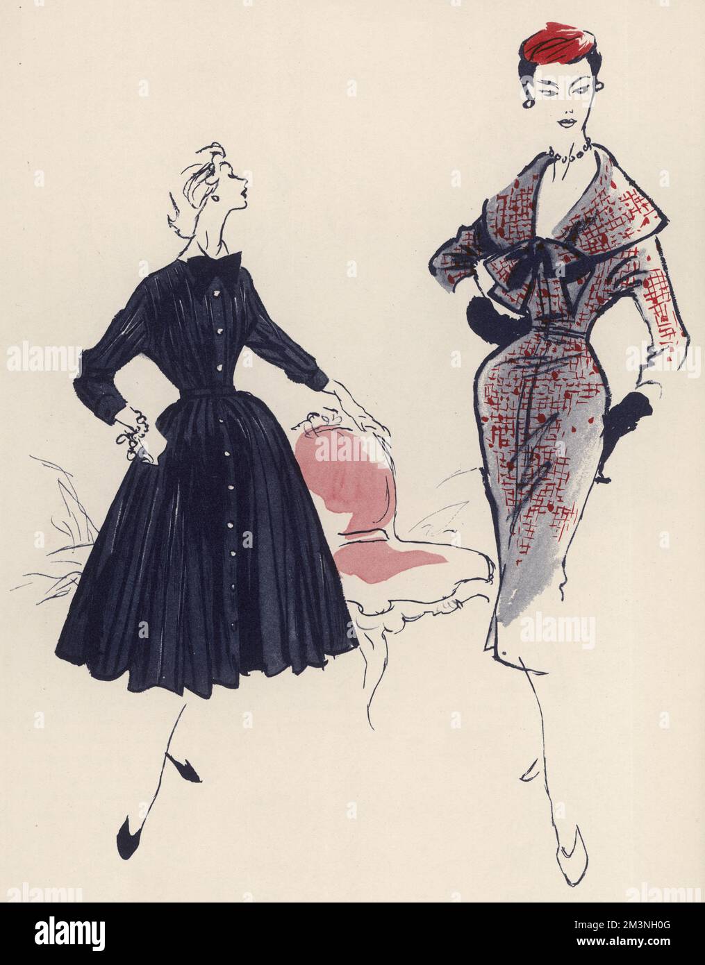 On the left, an 1890-inspired party frock in striped taffeta with the stand-up collar, tight bodice, near-crinoline skirt, and steel-buttoned, three-quarter sleeves characteristic of a decade when fashion reached an all-time height of dash and distinction.  By Blanes. Added is a piquant student's collar, artist's bow and figure-flattering vertical stripes.  On the right is a dress of featherlight tweed by Frederica, its blouse and skirt air accomplished by means of a built-in belt and softly blousing top.  Here, at last, tailoring has become completely feminine - a matter of sculpting to the f Stock Photo