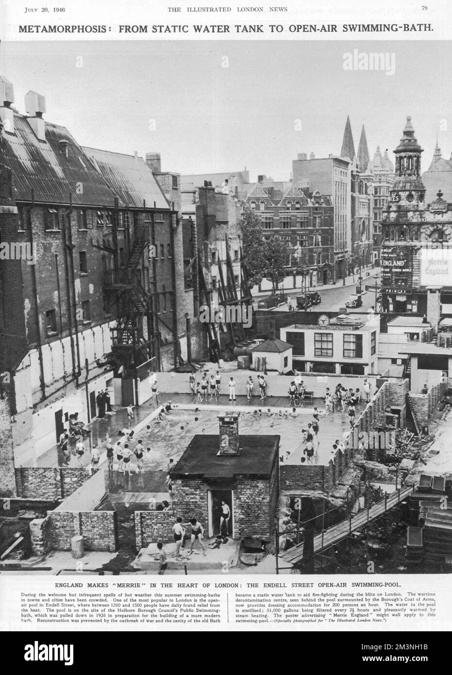 A view of the open air swimming pool in Endell Street, Holborn, London, on the site of Holborn Borough Council's Public Swimming bath which was pulled down in 1938 in preparation for the building of a more modern bath.  Reconstruction was prevented by the outbreak of war and the cavity of the old Bath became a static water tank to aid fire-fighting during the blitz in London.  The wartime decontamination centre, seen behind the pool surmounted by the Borough's Coat of Arms, provided dressing accommodation for 200 persons an hour.   Now part of the Oasis Sports Centre.     Date: 1946 Stock Photo