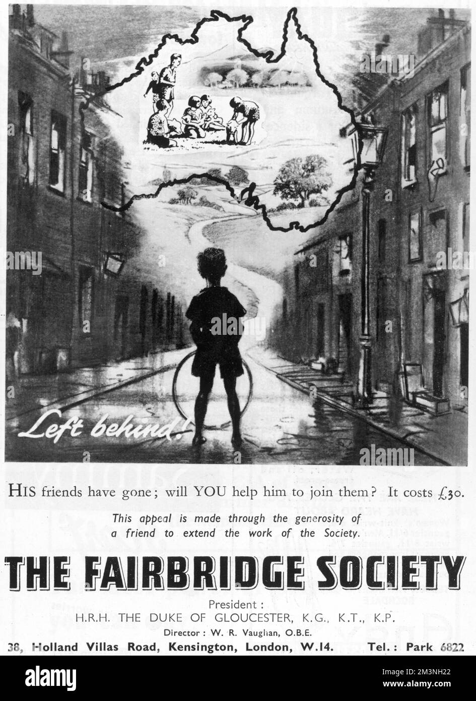 Advertisement for The Fairbridge Society, a charity founded by Kingsley Fairbridge in 1909 for the furtherance of child emigration to the colonies to help orphans and impoverished children in Britain. This advert shows a young boy 'Left behind!' in the slums of England while his friends are enjoying the open space of Australia.     Date: 1954 Stock Photo