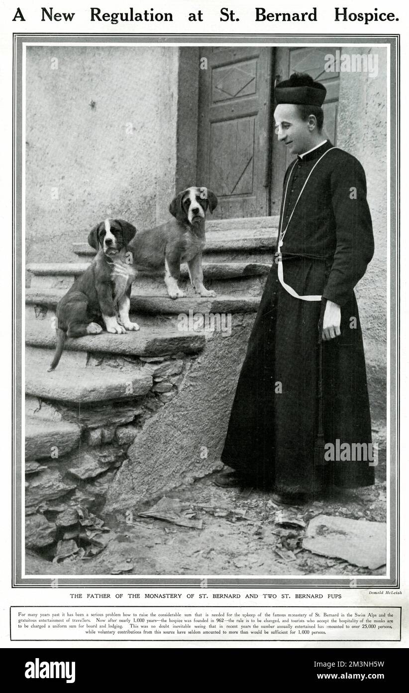 The Father of the Hospice du Grand Saint Bernard, with two of it's famous dogs which are trained to rescue unfortunate travelers who lose their way in the darkness and snow on the Alpine pass     Date: 1913 Stock Photo