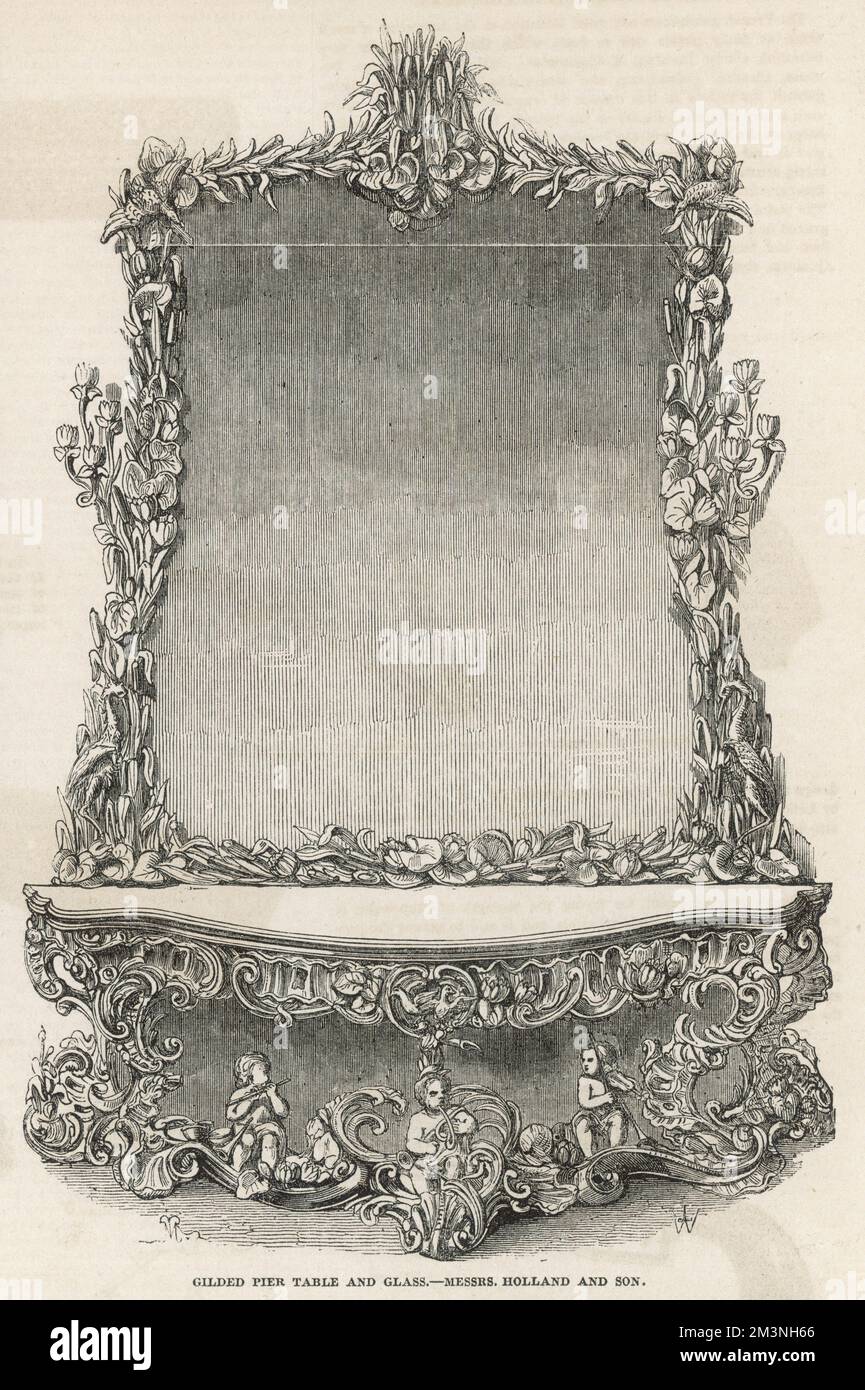 Giled pier table and glass by Holland and Sons, profusely embellished with various devices, including three copper-faced boys playing various instruments amongst aquatic foilage. This piece was exhibited at the 1851 Great Exhibition.     Date: 1851 Stock Photo