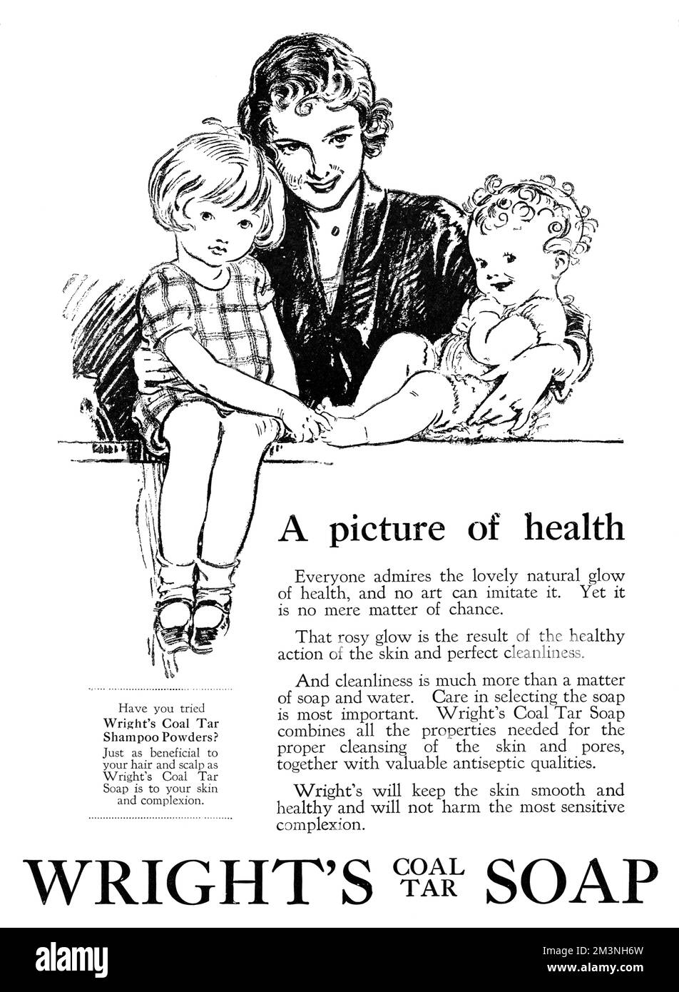 Wright's coal tar soap &quot;A picture of health&quot; Everyone admires the lovely natural glow of heath, and no art can imitate it.  Yet it is no mere matter of chance.  That rosy glow is the result of the healthy action of the skin and perfect cleanliness.                           Date: 1927 Stock Photo