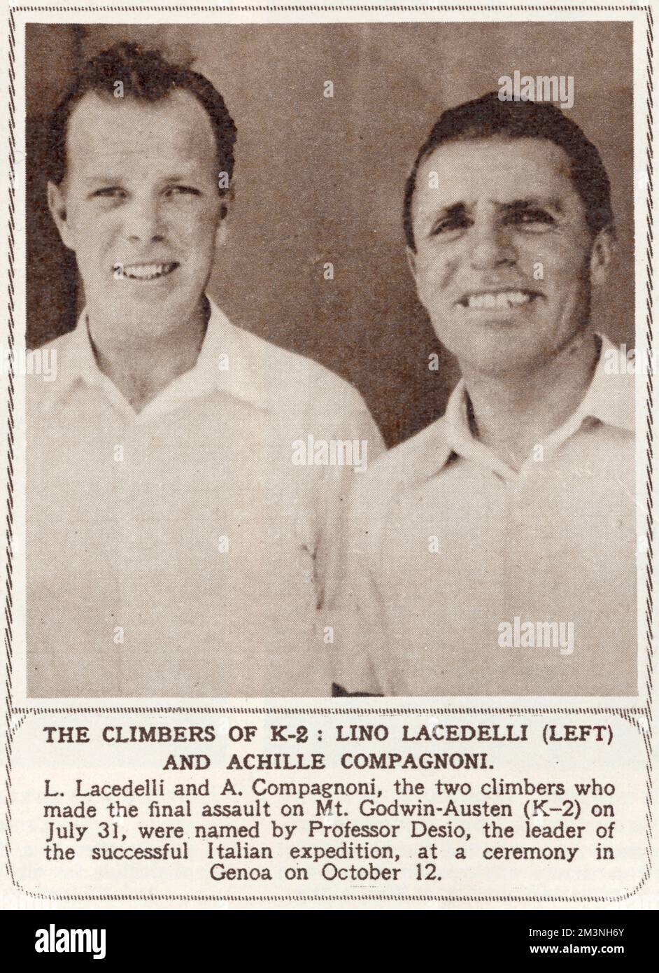 Lino Lacedelli (1925 - 2009)  on the left, alongside Achille Compagnoni (1914 - 2009), the two climbers who made the first successful ascent to the summit of K2 on 31 July 1954, part of an Italian expedition led by Count Ardito Desio. K2 is the second highest mountain in the world, and the summit was not reached for a second time until 1977.     Date: October 1954 Stock Photo