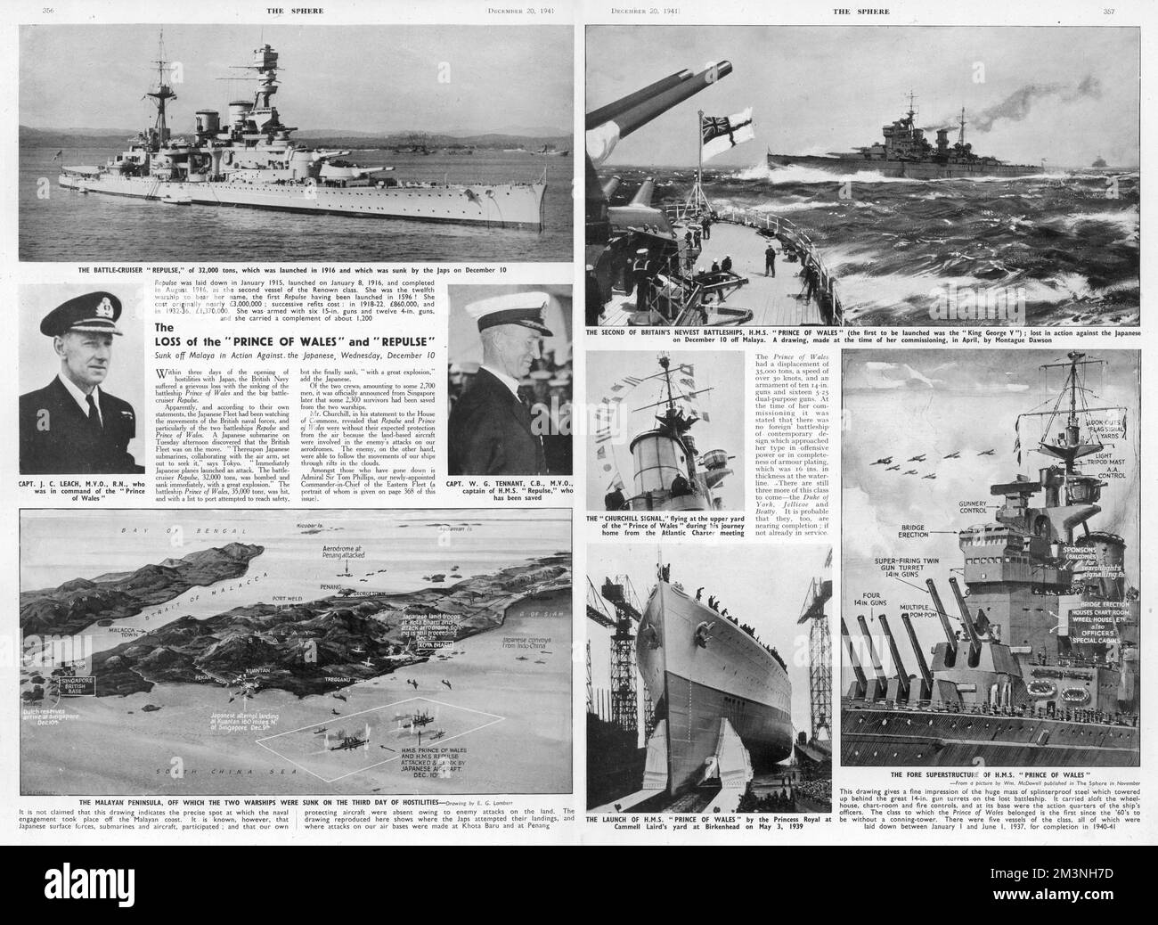 Pages from The Sphere, 20th December 1941, with an article and accompanying photographs and illustrations about the loss of the British battleship 'Prince of Wales' and the battlecruiser 'Repulse', sunk off Malaya in action against the Japanese on Wednesday 10th December 1941.     Date: 20th December 1941 Stock Photo
