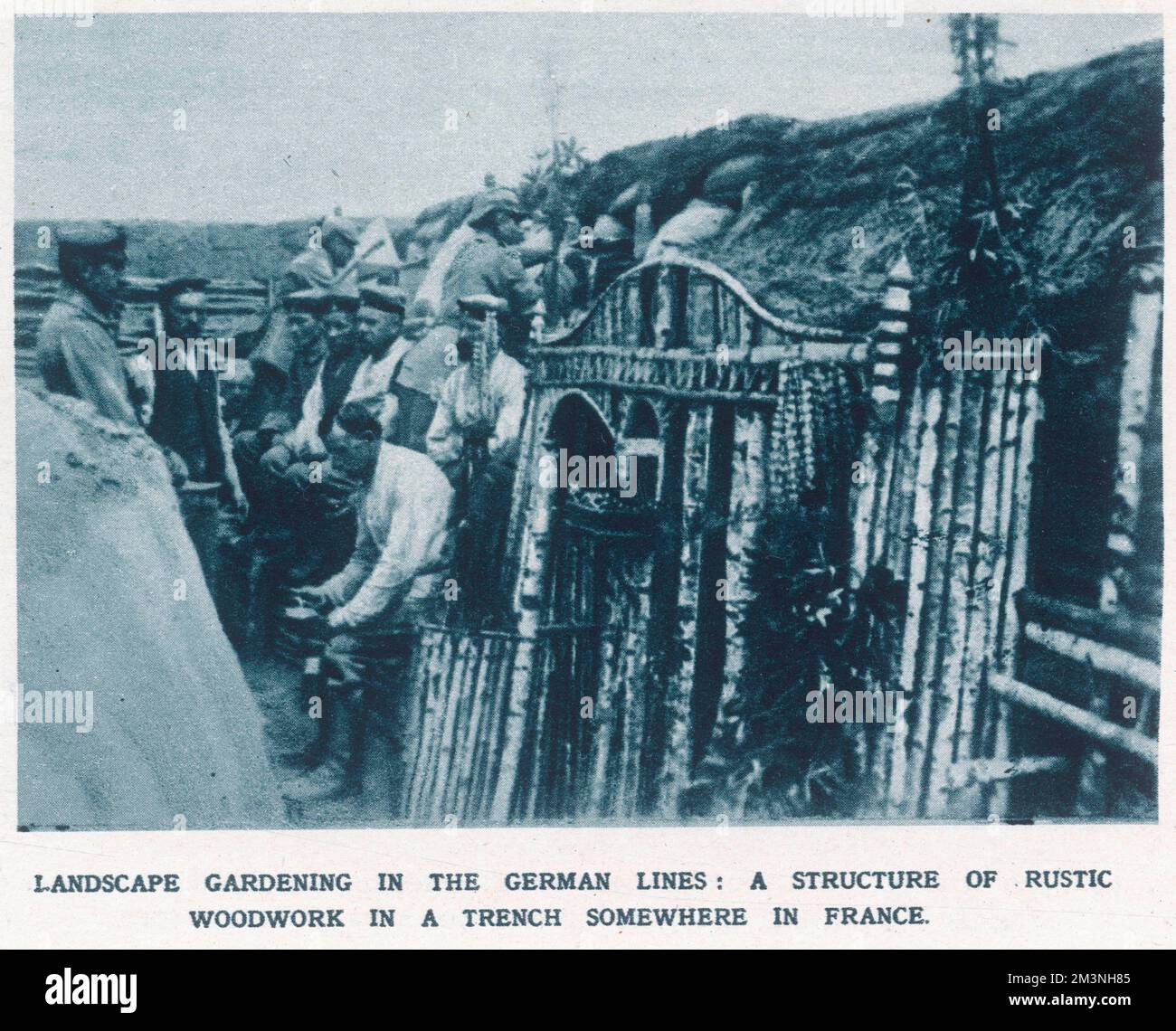 Clear evidence of the superiority of German trench-building, an intricate structure of rustic woodwork makes life in this particular trench that little bit more bearable.     Date: 1915 Stock Photo