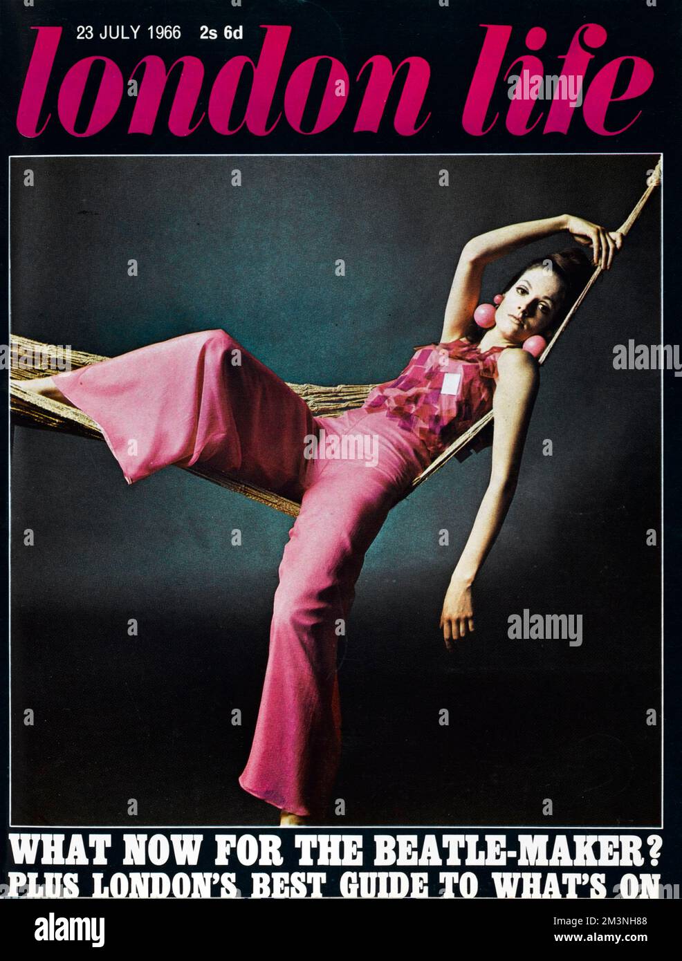 Front cover of the impossibly groovy London Life magazine which ran for just two years between 1965 and 1966 but chronicled the life and times of swinging sixties London.  This particular cover features the model Belinda Willis, reclining languidly in a hammock and wearing chiffon trousers and spangled top by Georgina Linhart and huge spherical earrings by Felicity Bosanquet.       Date: 1966 Stock Photo