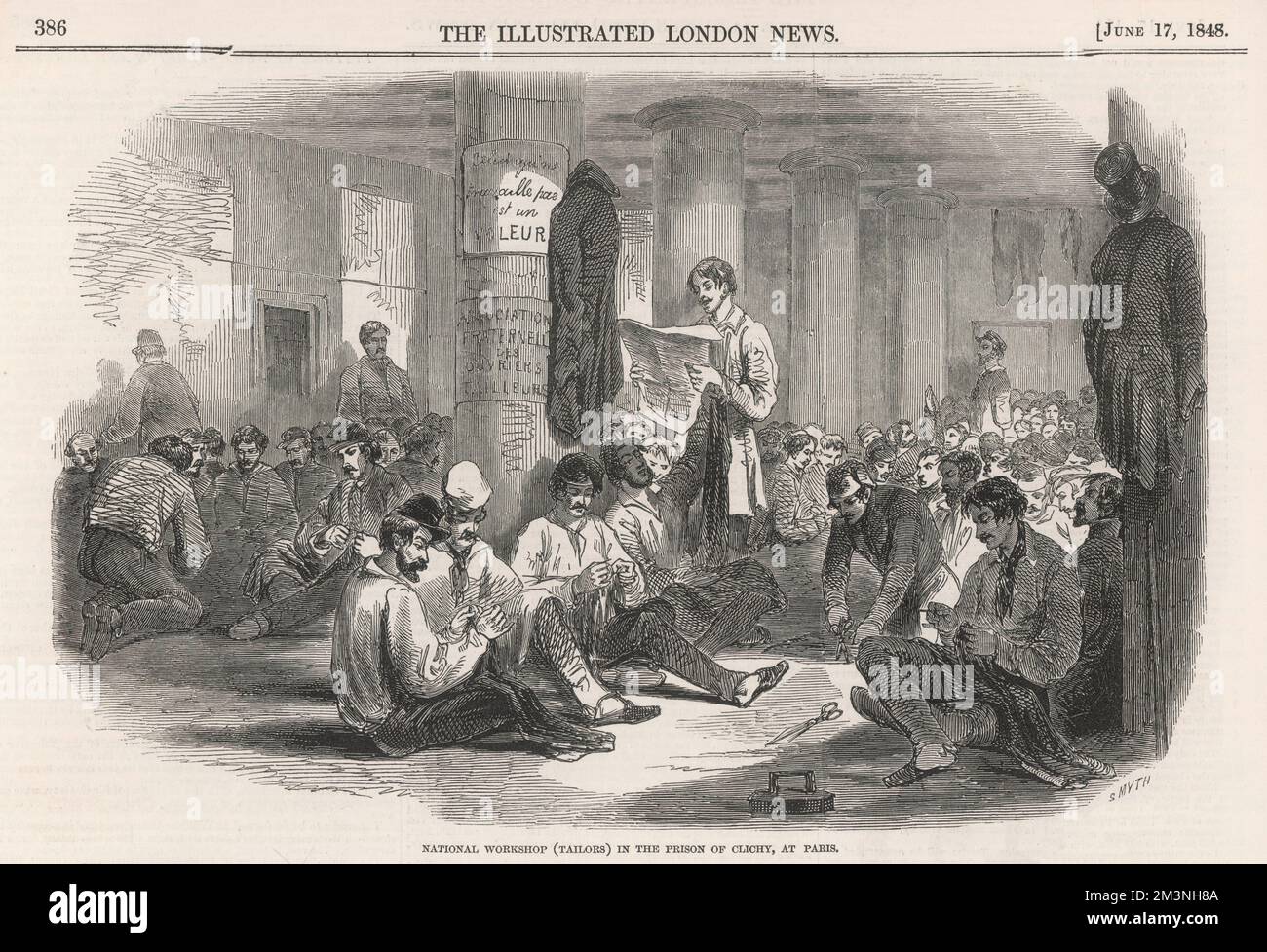 Tailors at work in the debtor's prison of Clichy in Paris, working away while one inmate reads aloud from the newspapers of the day.  On a pillar is a poster reading 'Celui qui ne travaille pas est un voleur' (He who does not work is a rogue).     Date: 1848 Stock Photo