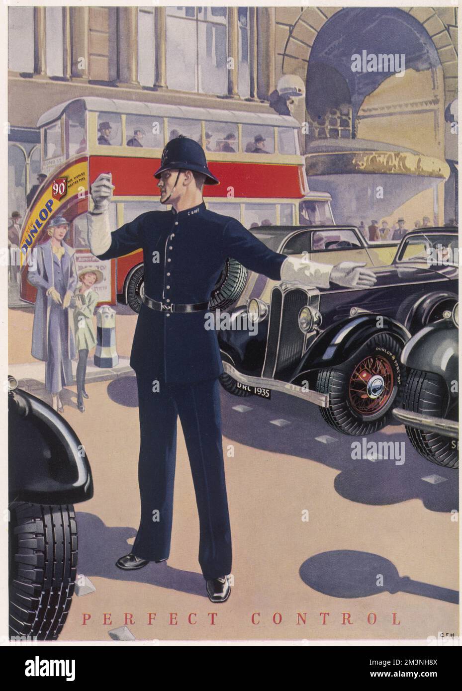 Splendid advert for Dunlop tyres showing a busy London street with a police officer in the road directing traffic and helping pedestrians across the road.     Date: 1935 Stock Photo