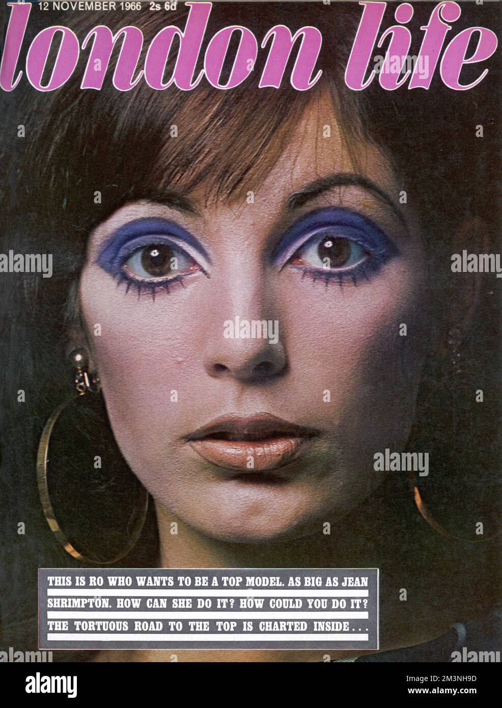 Front cover of the impossibly groovy London Life magazine which ran for just two years between 1965 and 1966 but chronicled the life and times of swinging sixties London.  Cover girl for this issue is up and coming model 'Ro' (surname Dominguez) who is pictured wearing huge hoop earrings and vivid purple eye shadow.     Date: 1966 Stock Photo