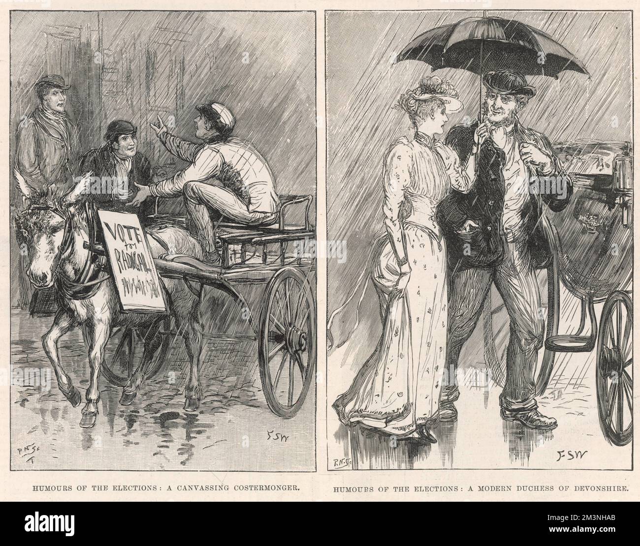 Two sketches showing humours of the 1892 election showing a canvassing costermonger in one picture and a modern Duchess of Devonshire in another (the 18th century Duchess was a well-known canvasser for Charles James Fox).     Date: 1892 Stock Photo