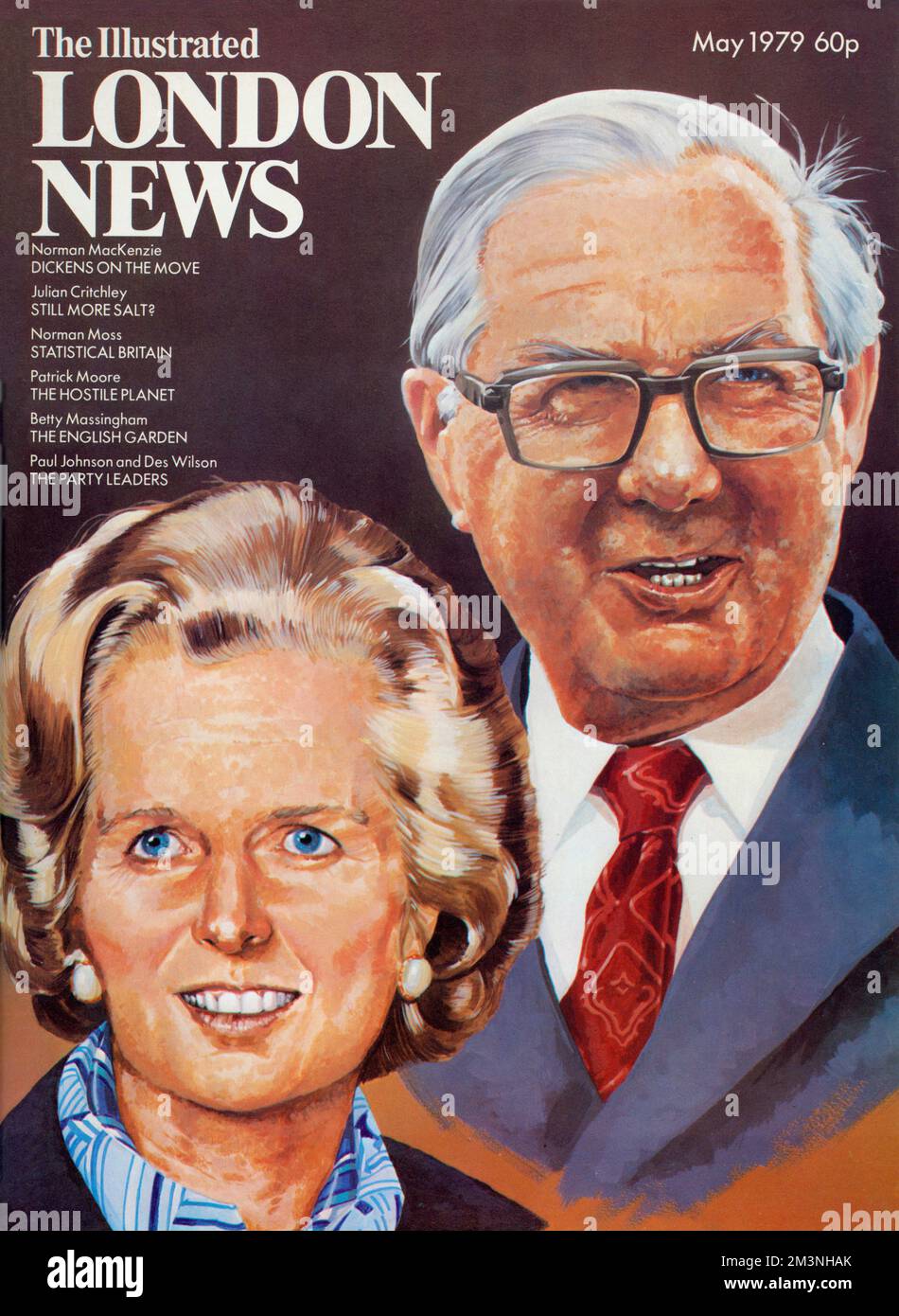 Front cover of the Illustrated London News, May 1979 featuring portraits of James Callaghan, Labour leader and incumbent Prime Minister and Tory Party Leader, Margaret Thatcher, just prior to Thatcher's historical election victory leading to her being the first female British Prime Minister.     Date: 1979 Stock Photo