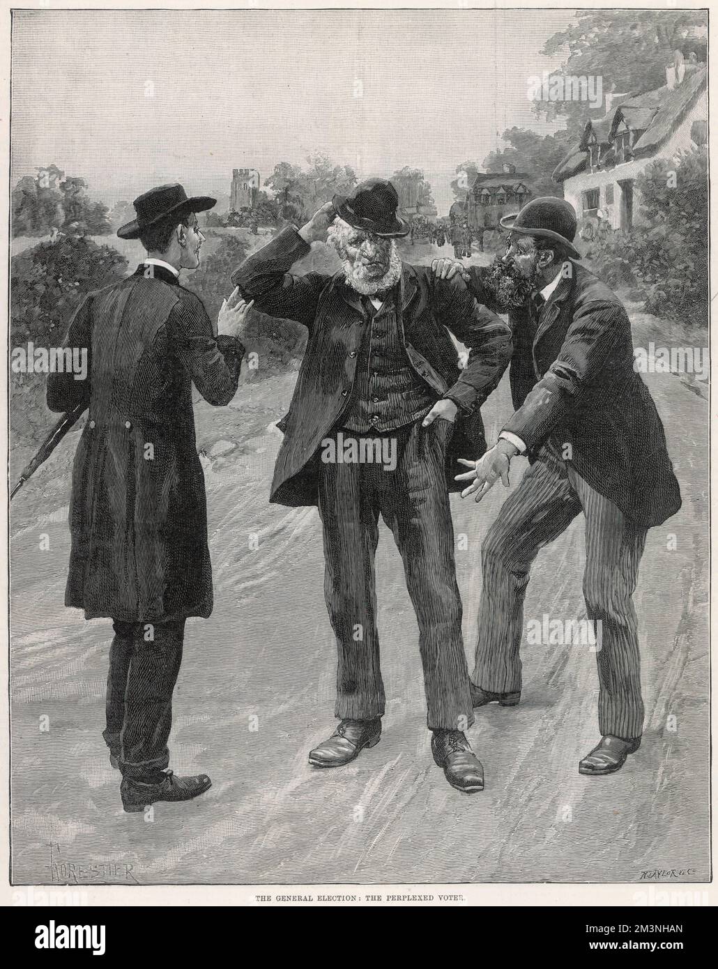 A perplexed voter scratches his head in confusion as two candidates from opposing political parties canvas for his vote.     Date: 1892 Stock Photo