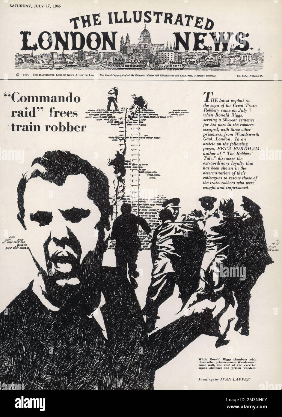 Front page of The Illustrated London News reporting on the latest episode in the Great Train Robbery saga. As Ronald Biggs clambers with three other prisoners over Wandsworth Gaol wall, the rest of the exercise squad obstruct the prison wardens. Following his escape, Ronnie Biggs fled to Brazil where he fathered a child and successfully evaded extradition by the authorities. In 2001, Biggs voluntarily returned to the UK to serve the remainer of his sentance, but following ill health was released from custody the day before his 80th birthday, on 'compassionate grounds'.     Date: 1965 Stock Photo