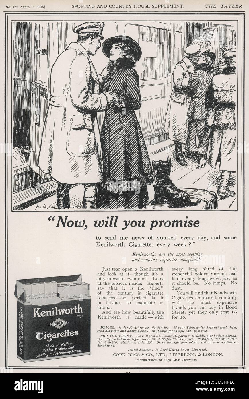 Advertisement for Kenilworth Cigarettes with an illustration by Fred Pegram depicting a soldier saying goodbye to his wife or sweetheart before he departs for the Front by train.  Other couples can be seen bidding similar farewells on the platform, creating an emotional scene.  Most importantly, the soldier makes the lady promise to send him news of herself every day as well as some Kenilworth Cigarettes every week.       Date: 1916 Stock Photo