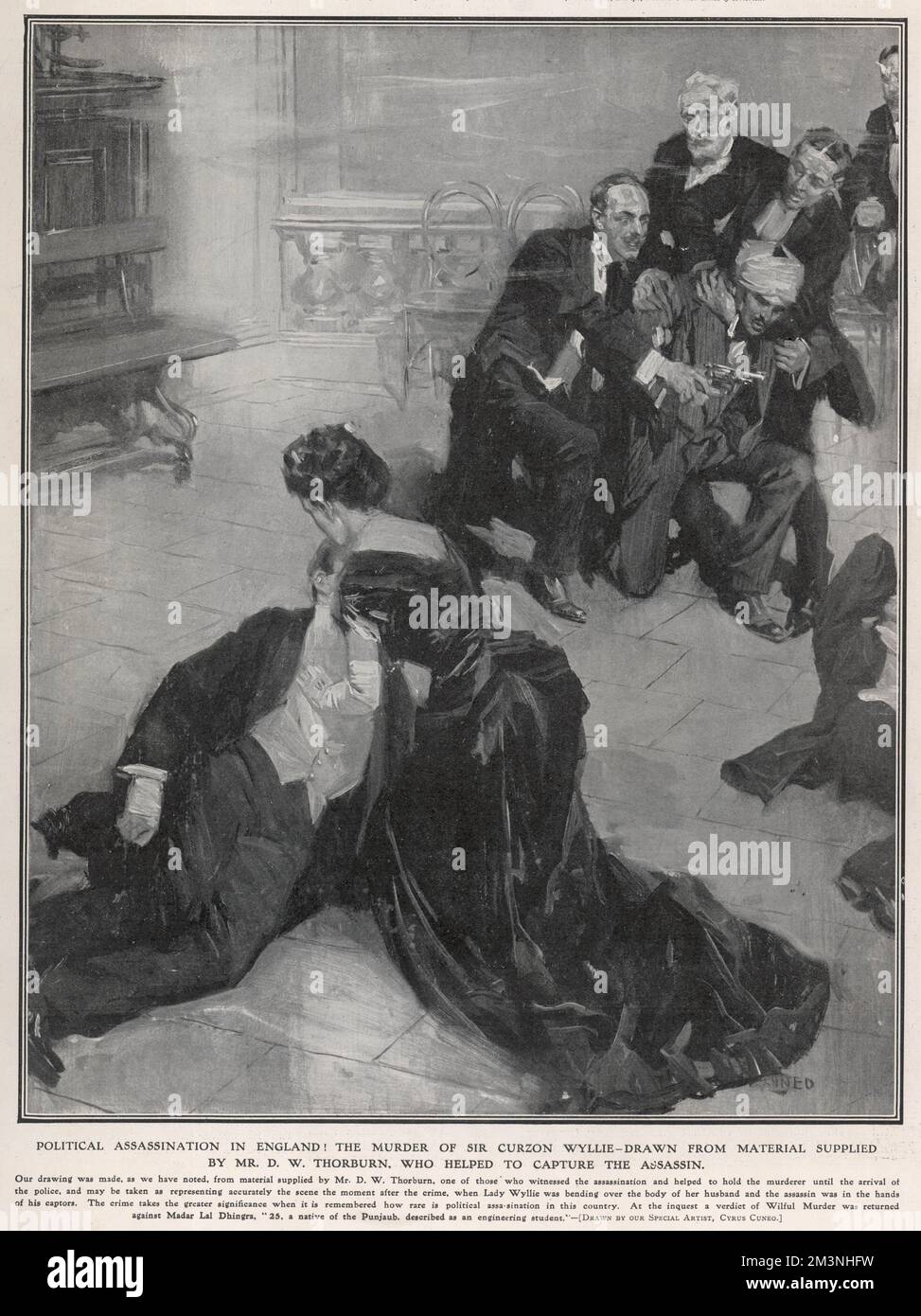 The assassination of Sir William Hutt Curzon Wyllie (1848-1909), an official of the British Indian government, at the Imperial Institute, South Kensington, London, by student and Indian nationalist Madan Lal Dhingra. The drawing was made from material supplied by eyewitness, Mr D.W. Thorburn, and shows Lady Wyllie bending over the body of her husband while Dhingra is restrained.     Date: 1909 Stock Photo