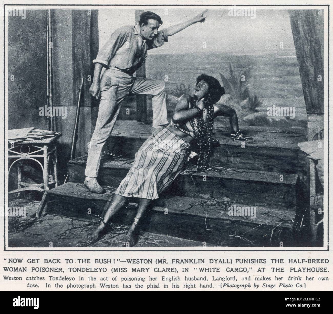 Scene from Leon Gordon's play, White Cargo, which tells the story of how newcomers with ideals arrive in West Africa but become quickly demoralised with life there.  The scene depicts a 'half-breed' woman, Tondeleyo, played by Miss Mary Clare being punished by her English husband, Weston (played by Franklin Dyall) for trying to poison him.     Date: 1924 Stock Photo