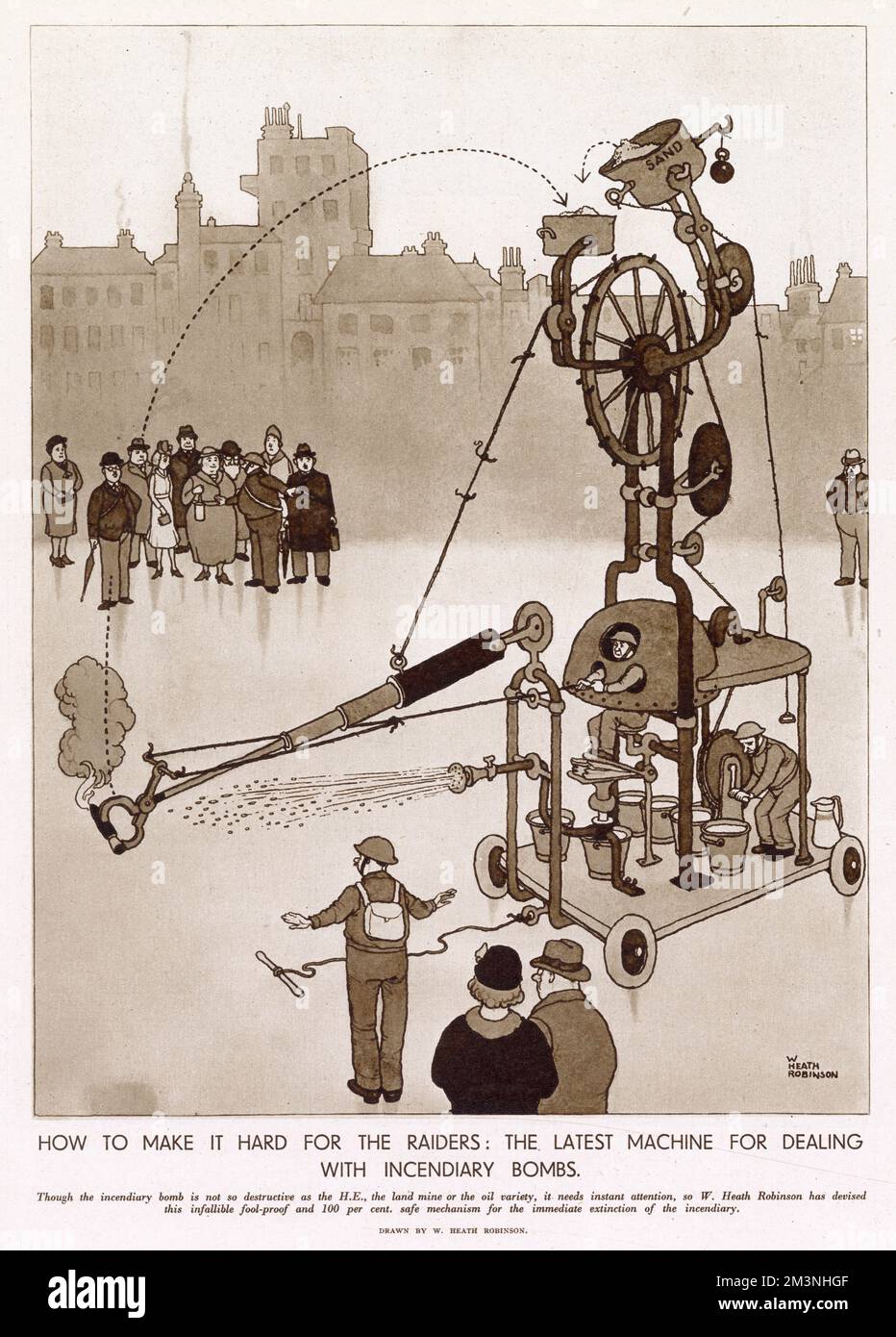 A William Heath Robinson's machine to extinguish a incendiary bomb from a distance. Stock Photo