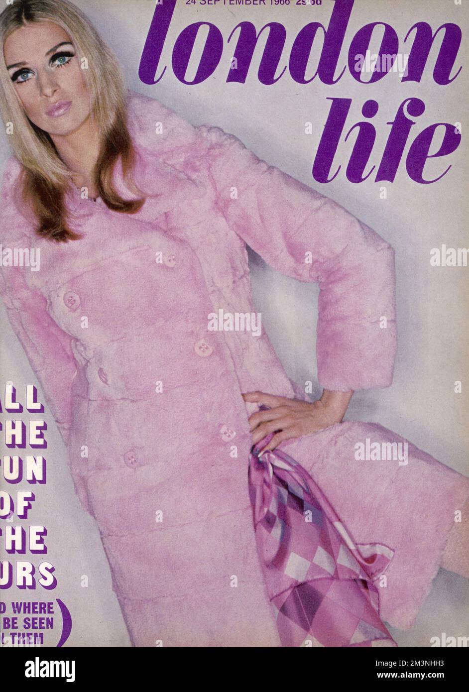 Front cover of London Life, the short-lived but very groovy magazine which captured the style and spirit of sixties London briefly from 1964 to 1966.  Front cover features a model wearing a pale rose pink bunny coat costing 104 guineas from Fortnum and Mason.     Date: 1966 Stock Photo