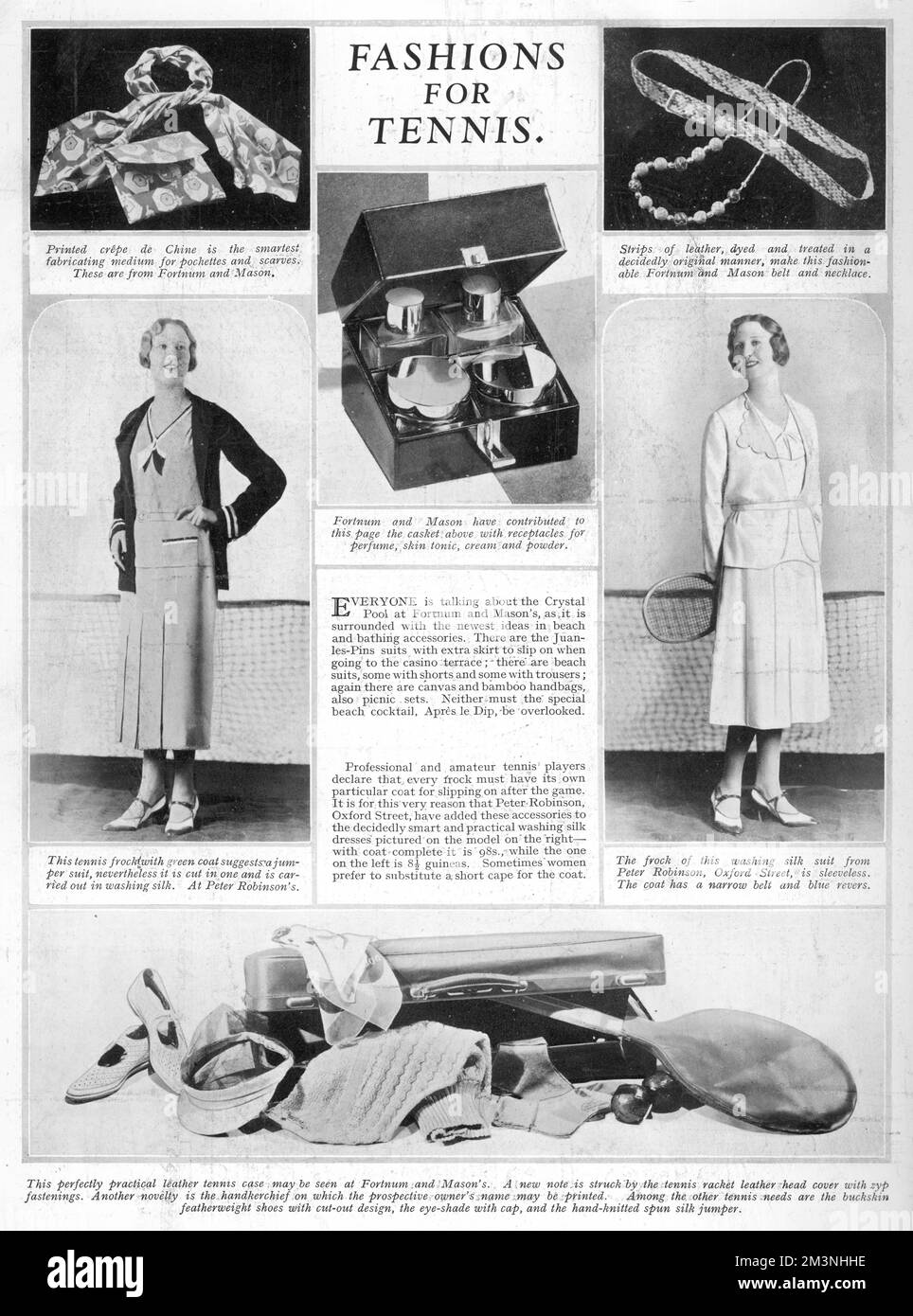 Tennis fashions for 1931 from Peter Robinson of Oxford Street, featuring washing silk dresses which look far too nice to play tennis in to be honest.  Accessories from Fortnum and Mason complete the look.     Date: 1931 Stock Photo