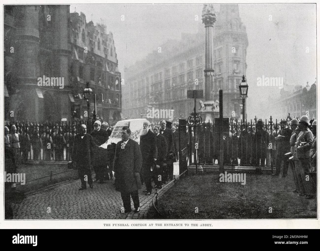 The state funeral cortege at the entrance to Westminster Abbey, London