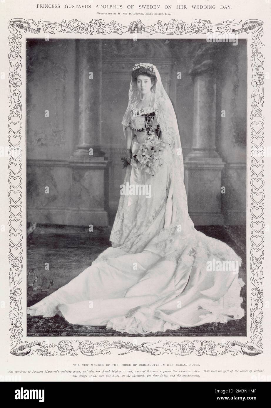 The new member of the House of Bernadotte in her bridal robes.  Princess Margaret of Connaught (1882 - 1920) in her wedding gown; the overdress and veil were of the most exquisite Carrickmacross lace, both the gift of the ladies of Ireland.  The design of the lace was based on the shamrock, the fleur-de-lys and the meadowsweet.  Princess Margaret married Crown Prince Gustavus Adolphus of Sweden on 15 June 1905.     Date: 1905 Stock Photo