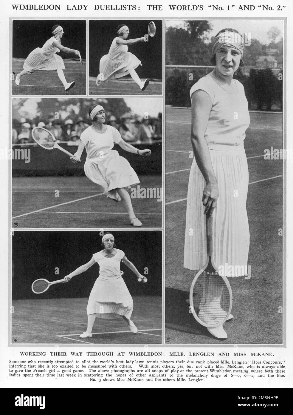 Scenes from a Wimbledon tennis match between the top players, Miss Kathleen McKane and Mlle Suzanne Lenglen, representing England and France respectively.  There are four photographs of Lenglen (in the pleated skirt) -- the remaining photograph is of McKane.       Date: 1923 Stock Photo