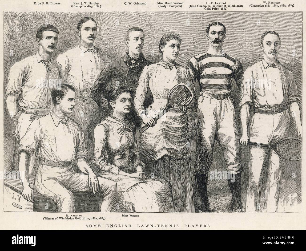 A group of English tennis players.  From left at top: E. d S. H. Browne, Rev. J. T. Hartley (Wimbledon Champion 1879, 1880), C. W. Grinstead, Miss Maud Watson (Lady Champion, 1884), H. F. Lawford (Irish Champion, Winner of the Wimbledon Gold Prize, 1884), W. Renshaw (Champion 1881, 1882, 1883, 1884).  From left along the bottom, E. Renshaw (Winner of Wimbledon Gold Prize, 1882, 1883) and Miss Lillian Watson (sister of Maud and runner-up in 1884).     Date: 1884 Stock Photo