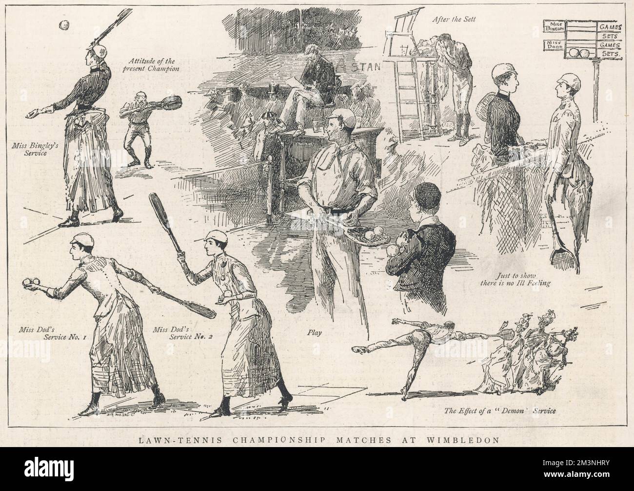 Vignettes showing scenes at Wimbledon in 1887, including several of the fifteen year old Miss Lottie Dod serving the ball in the year she first won the Championship.  Lottie Dod (1871-1960) was an all-round sportswoman, tennis player and five times Wimbledon champion. Excelled in golf, hockey and archery as well as tennis. Won a silver medal in archery at the 1908 Olympics and was the youngest person ever to win a ladies singles title at Wimbledon. She is listed along with Babe Zaharias as being the most versatile female athlete in the Guinness Book of World Records.     Date: 1887 Stock Photo