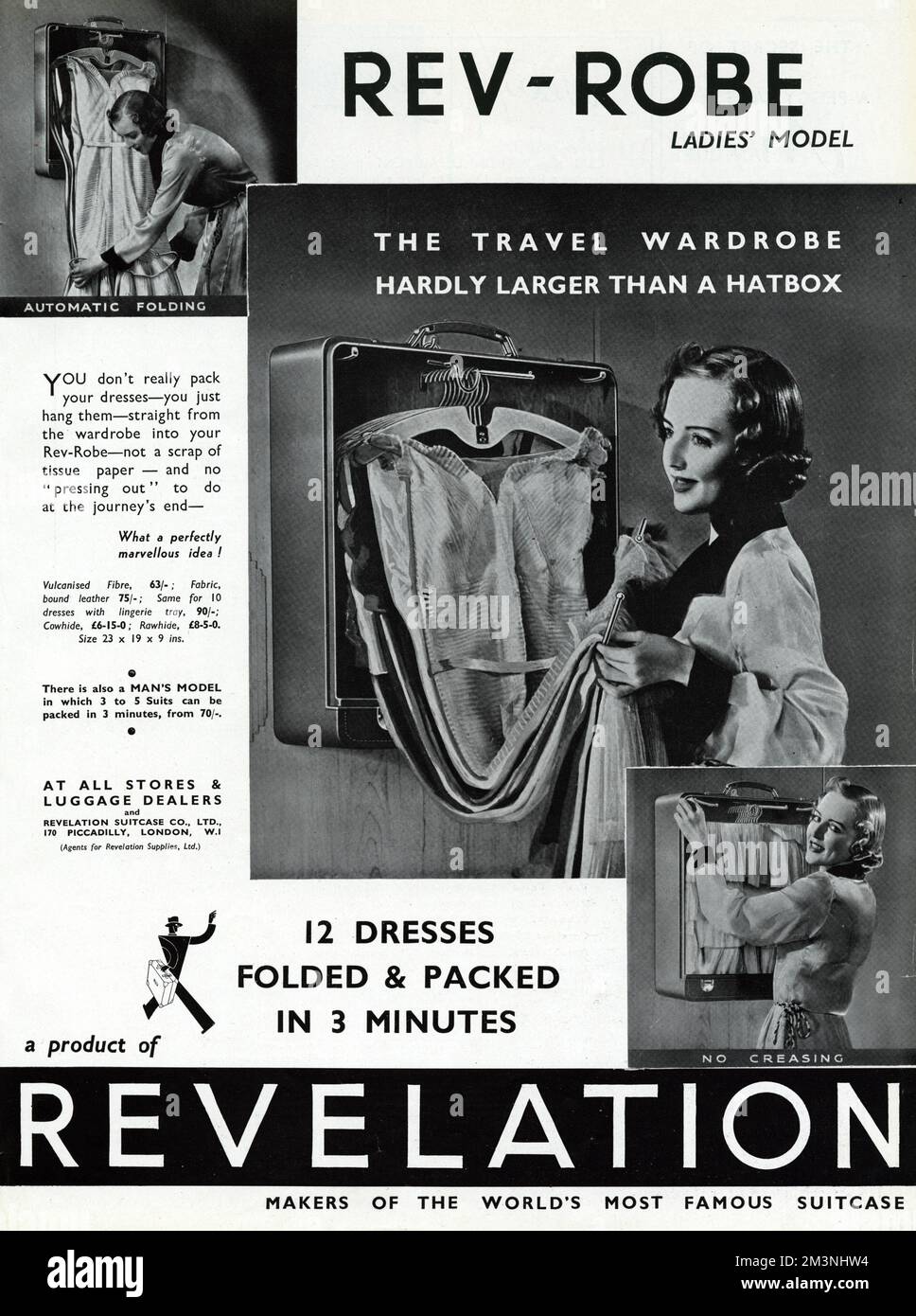 Advertisement for the Rev-Robe travel wardrobe (ladies' model), 'hardly larger than a hatbox' from Revelation, the makers of the world's most famous suitcase.  It allows you to hang your dresses straight from your wardrobe into your Rev-Robe with no pressing out to be done at the end of your journey.  Simply brilliant.  Wonder if it really worked.  1938 Stock Photo