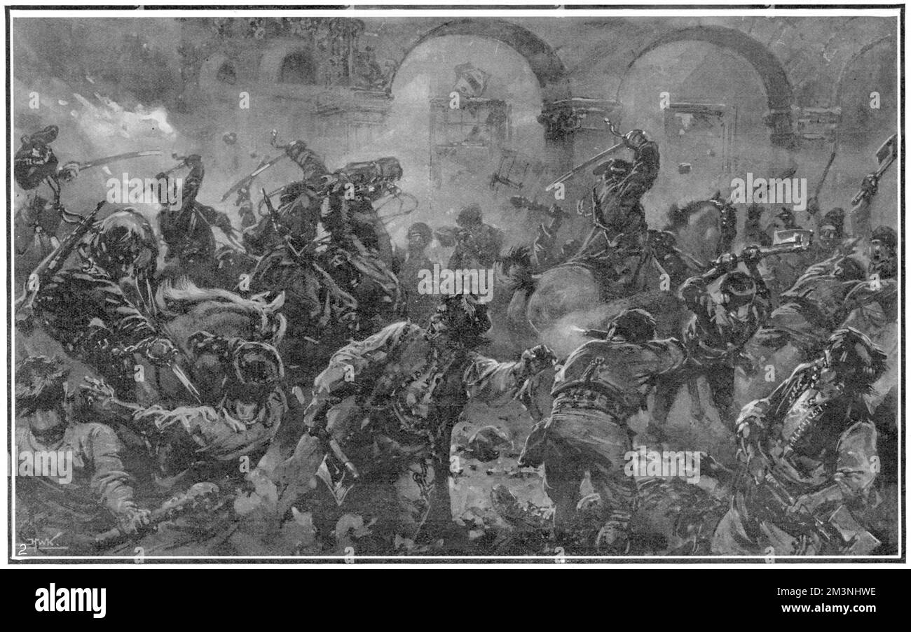 During the Romanian peasants' revolt which began in March 1907, a cavalry patrol sabres the rioters in the streets of Comanesti. The Illustrated London News reports that 'the patrol arrived just in time to save the inhabitants of the Manor of Comanesti, outside the town of Botoshani'.     Date: 1907 Stock Photo