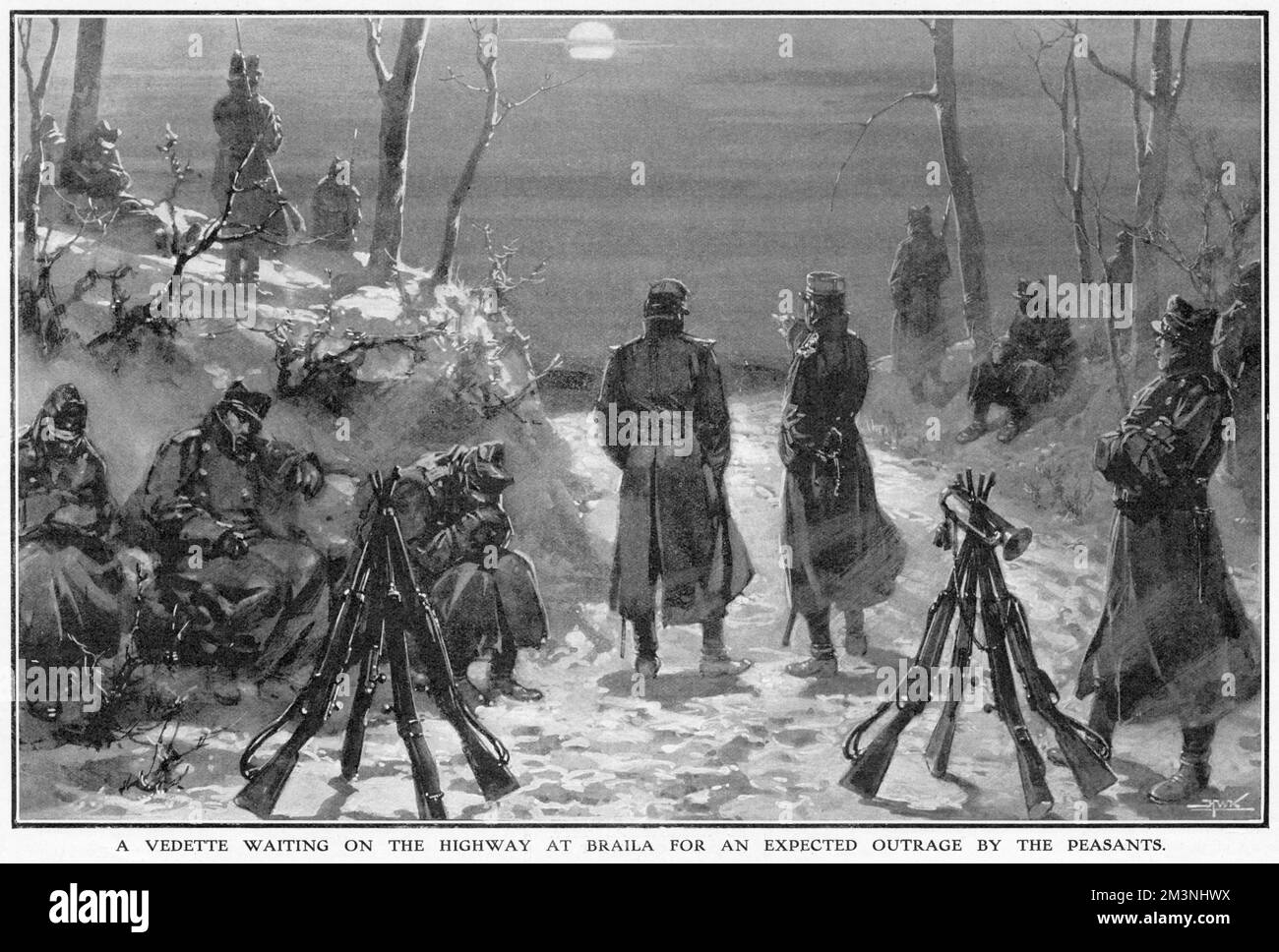 The iron hand for the rebels: the Romanian government's prompt action in crushing the peasant revolt. A vedette (outpost) waiting on the highway at Braila for an expected outrage by the peasants. The revolt began in March 1907 mainly caused by the peasant population's discontent about the inequality of land ownership in Romania. Thousands of people died when the Romanian army was mobilised to put down the insurrection.     Date: 1907 Stock Photo