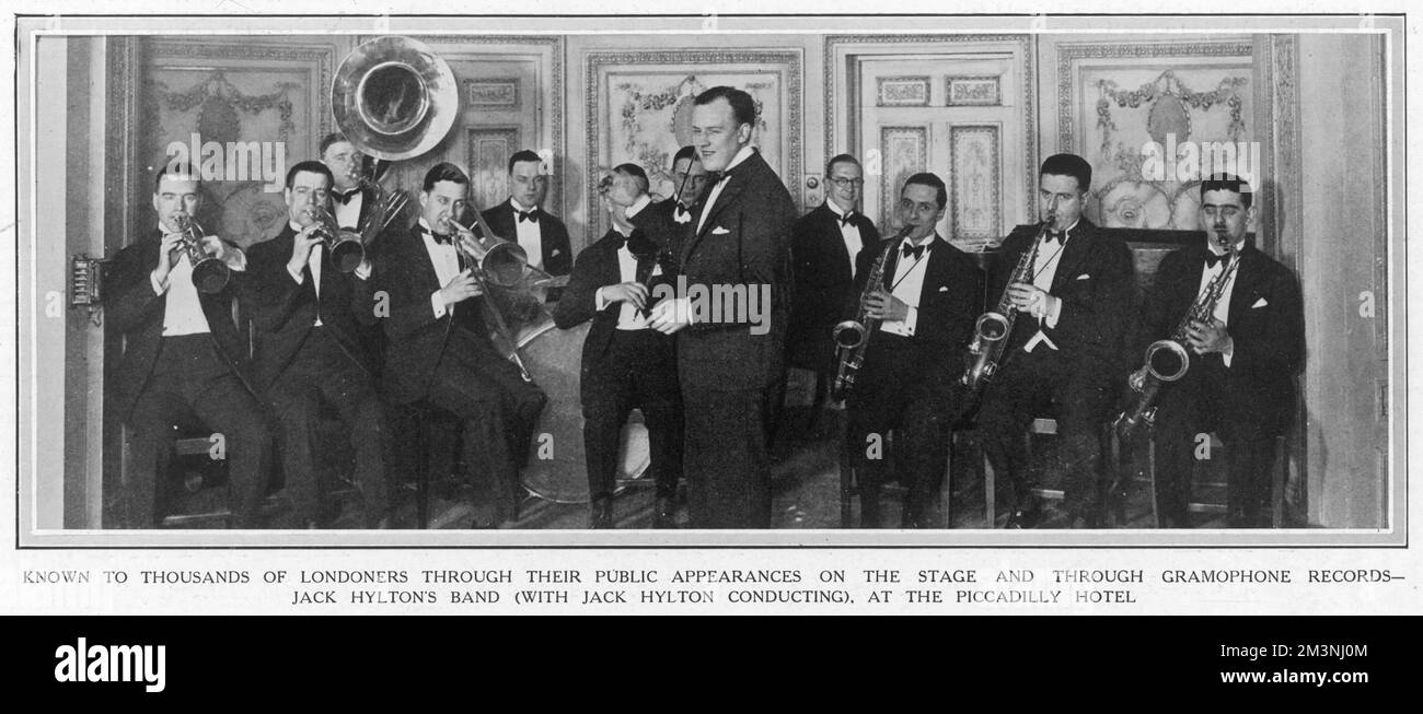 Jack Hylton (1892 - 1965), British musician, band leader and later Director of Dance Music for the BBC seen with his dance orchestra shortly after they began playing at the Piccadilly Hotel in London in 1925.     Date: 1925 Stock Photo