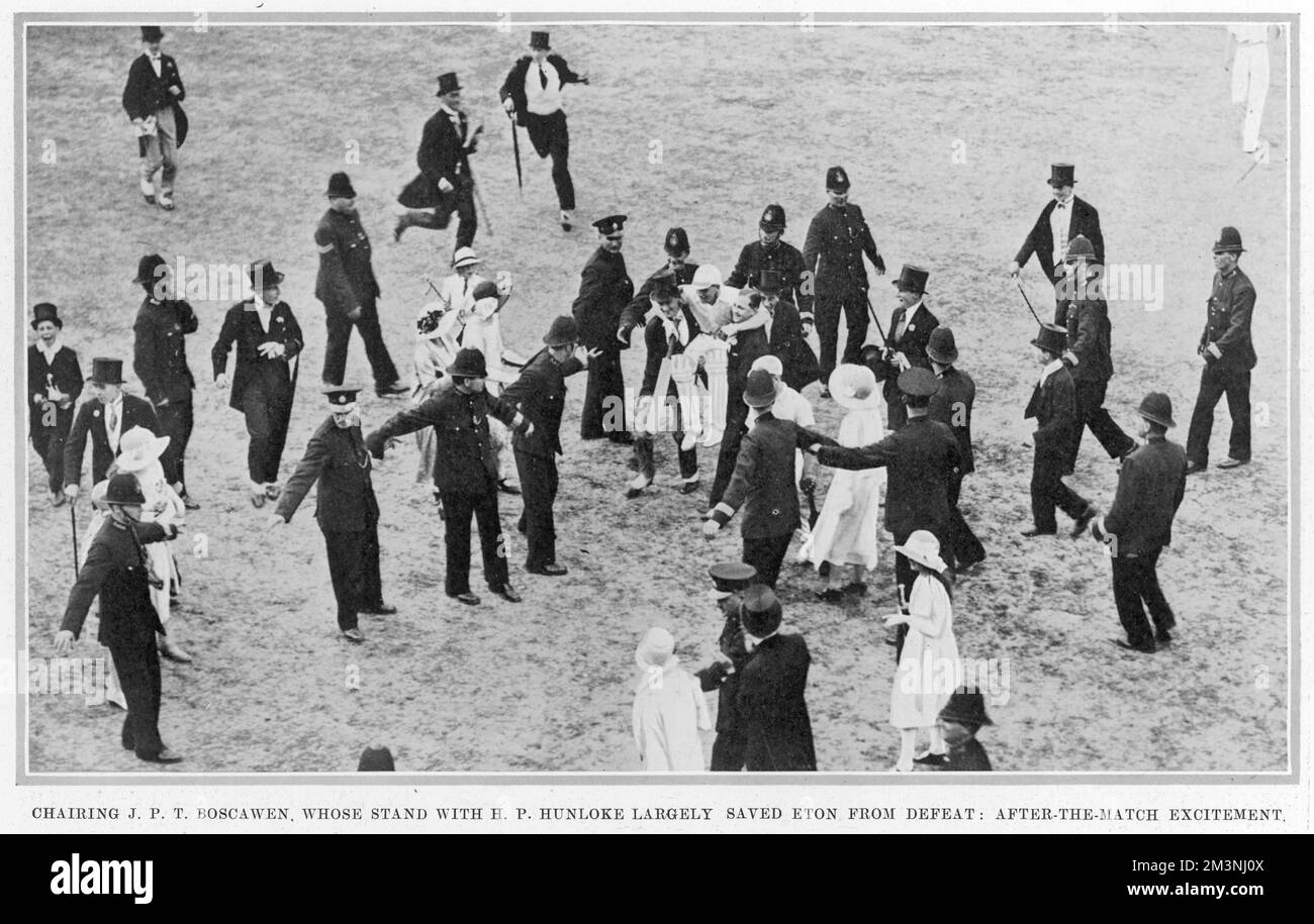 Page from the Illustrated London News showing the Eton versus Harrow cricket match at Lords cricket ground in 1925.  In the top picture, J.P.T. Boscawen is chaired after his stand with H.P. Hunloke largely saved Eton from defeat.  Here's seen being mobbed by what is basically a small number of well-dressed spectators.  The security seems rather over the top considering the occasion and the appearance of the well-to-do crowd.     Date: 1925 Stock Photo