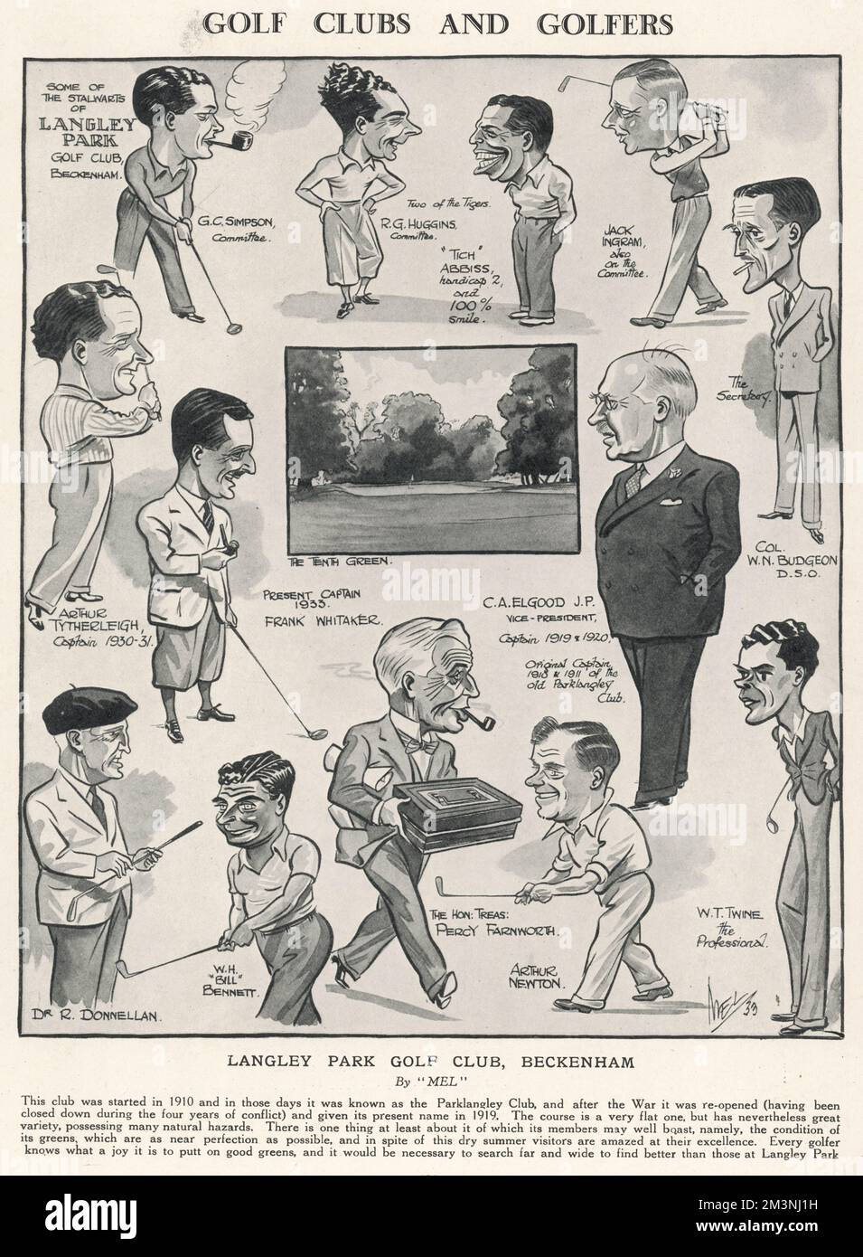 Series of caricatures of the members of Langley Park golf club in Beckenham, Kent which opened in 1910, and was originally known as Parklangley Club.  A flat course, it was renowned for its 'near-perfect greens'.      Date: 1933 Stock Photo