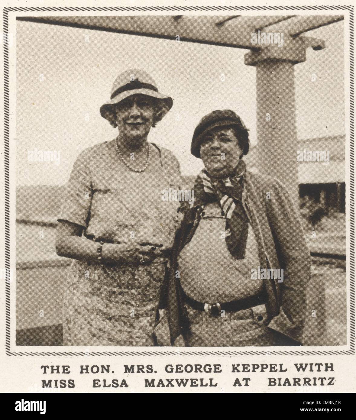 Mrs George Keppel, otherwise known as Alice Keppel, formerly mistress of King Edward VII, pictured here on holiday at Biarritz in 1933 with Elsa Maxwell, American gossip columnist, writer and society hostess.     Date: 1933 Stock Photo