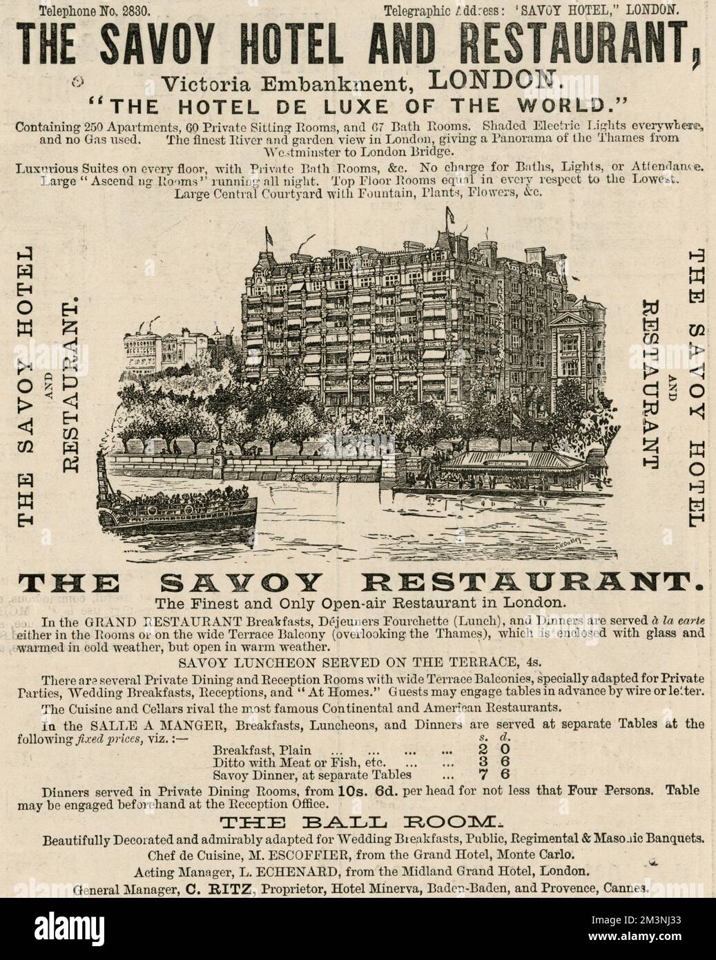 Savoy Hotel Advert for the hotel and restaurant in London  proclaiming it to be the Hotel De Luxe of the World.     Date: 1890 Stock Photo