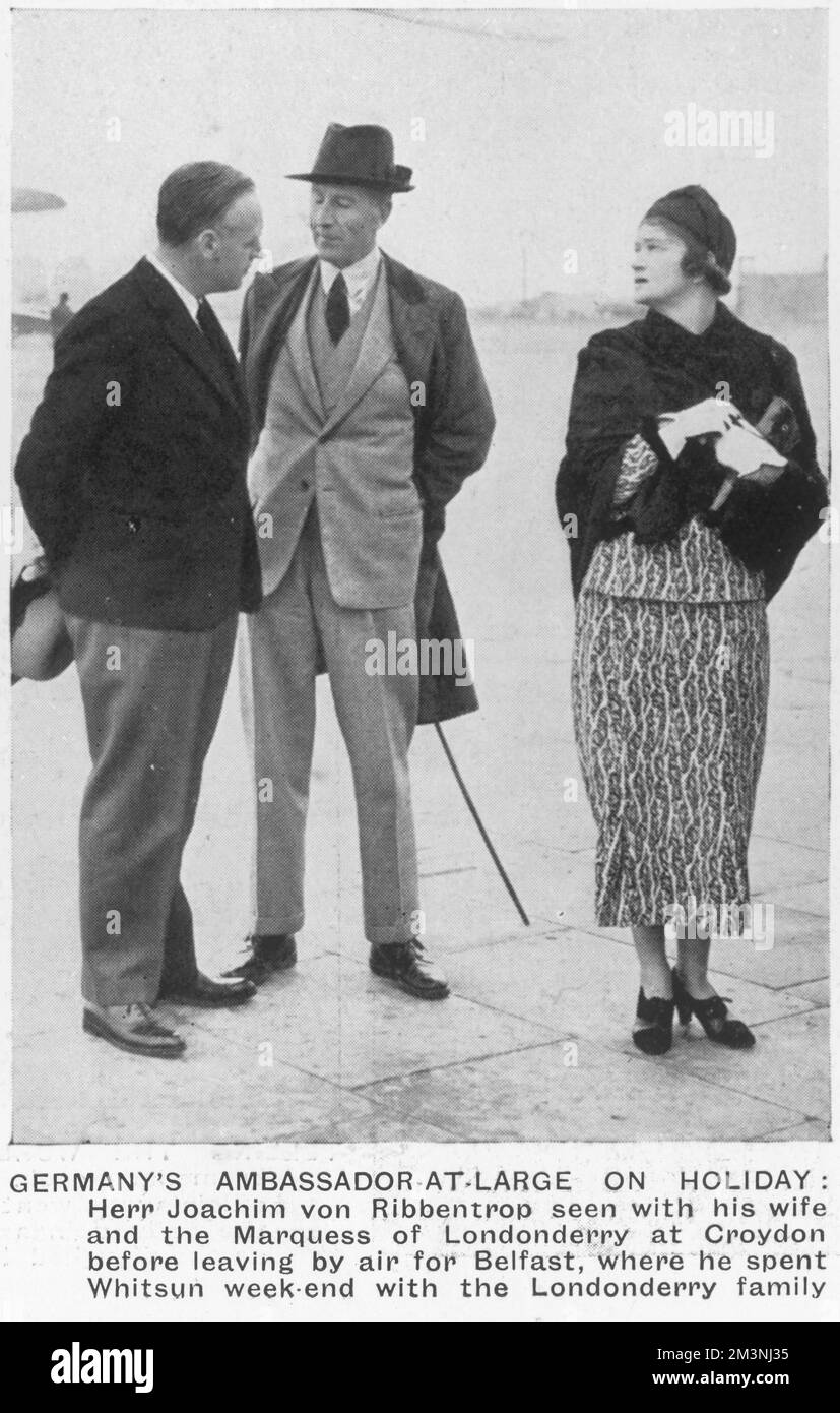 Joachim von Ribbentrop with his wife and the Marquess of Londonderry at Croydon Airport before their departure for Belfast, where the Ribbentrops spent the Whitsun weekend with the Londonderry family.     Date: May 1936 Stock Photo
