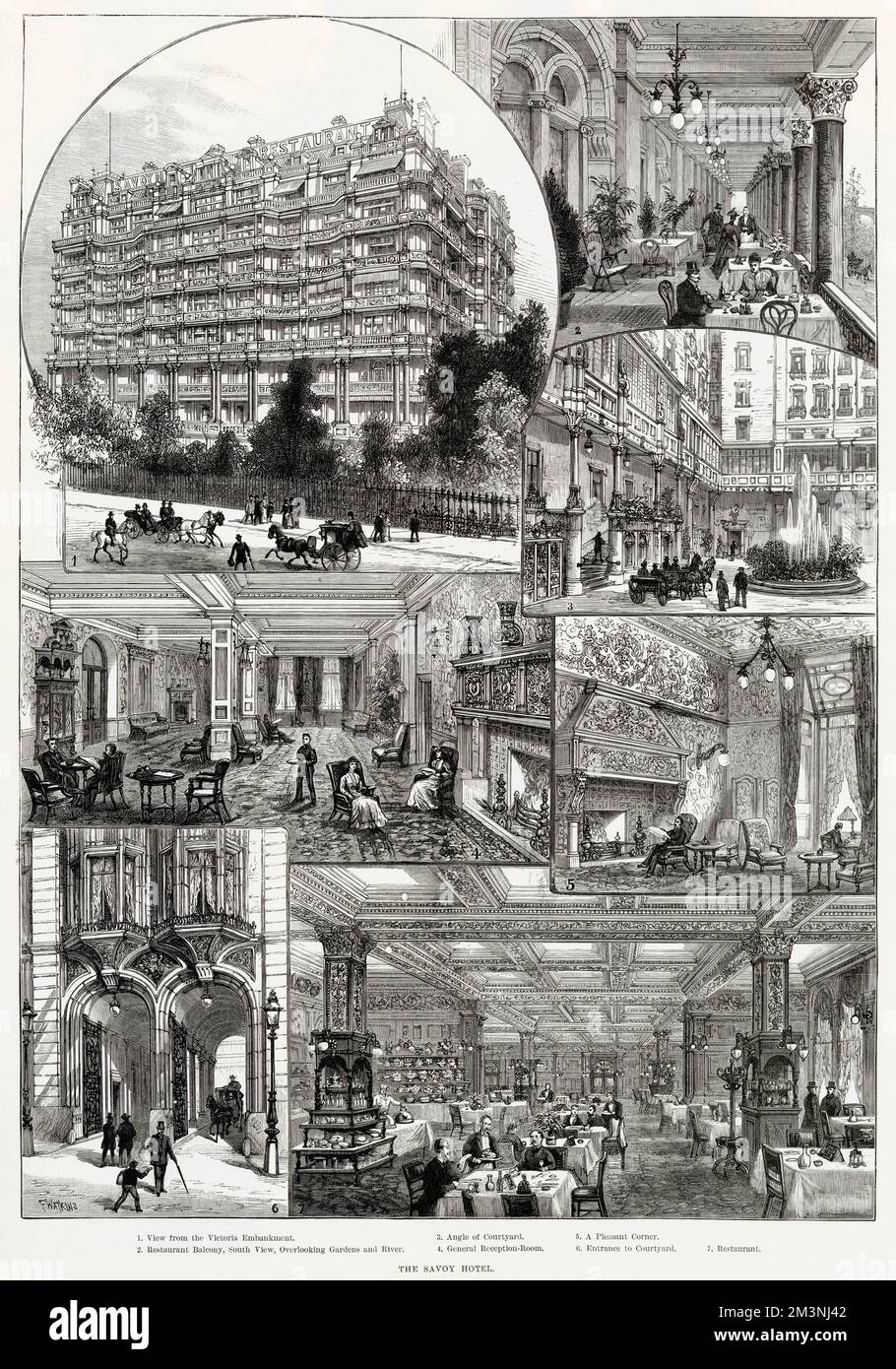 Views of the Savoy Hotel in London including the exterior, the courtyard, restaurant and general reception room. Stock Photo
